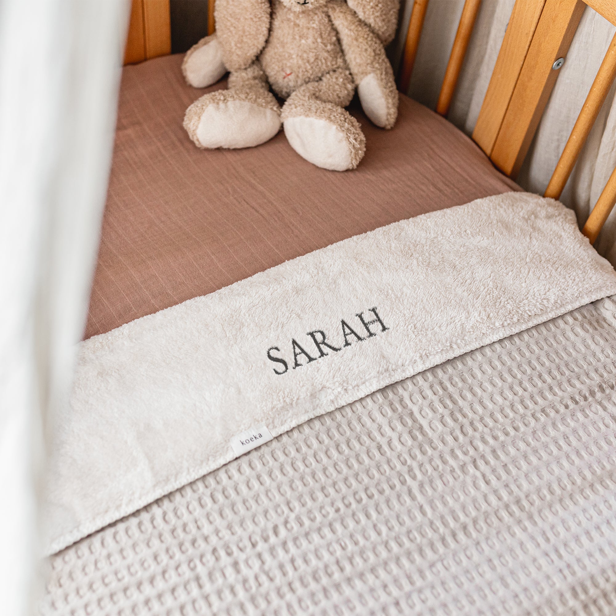 Embroidered bassinet blanket - Waffle fabric - Sand