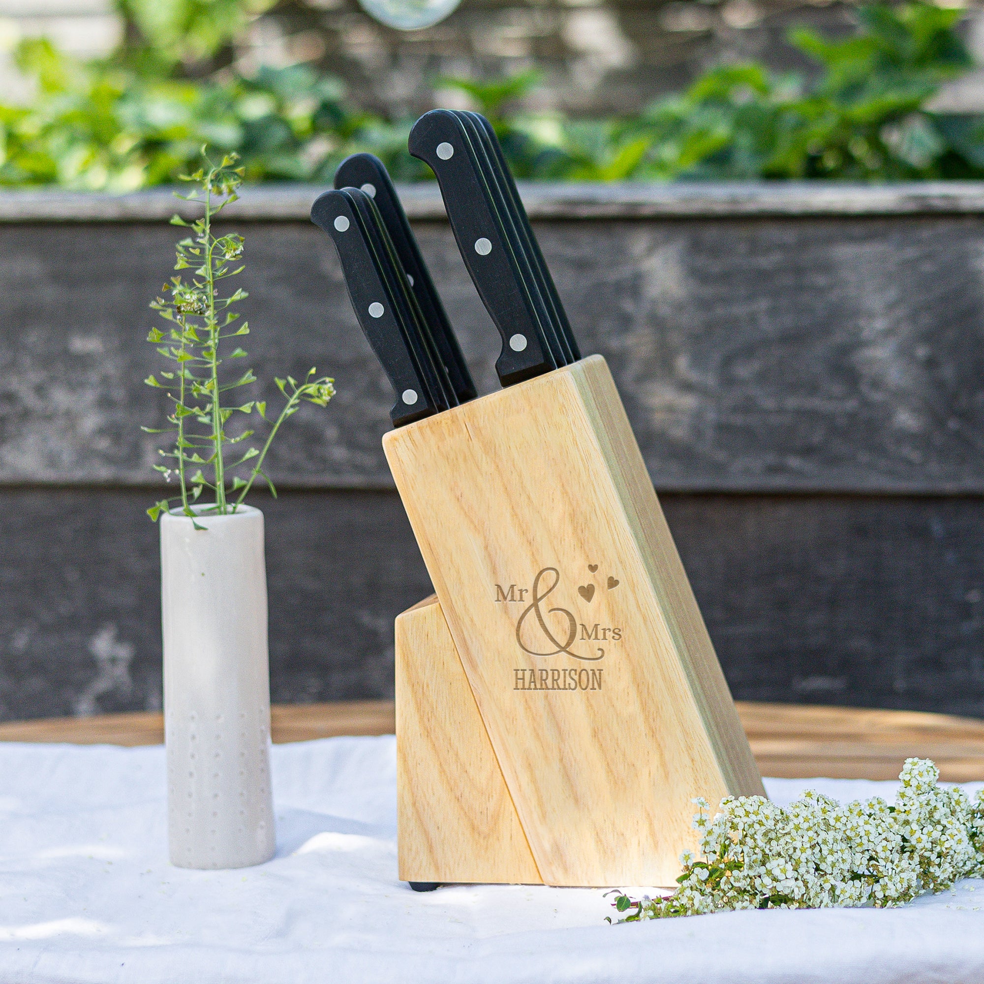 Personalised wooden knife block - Including knife set - Engraved (Right side)