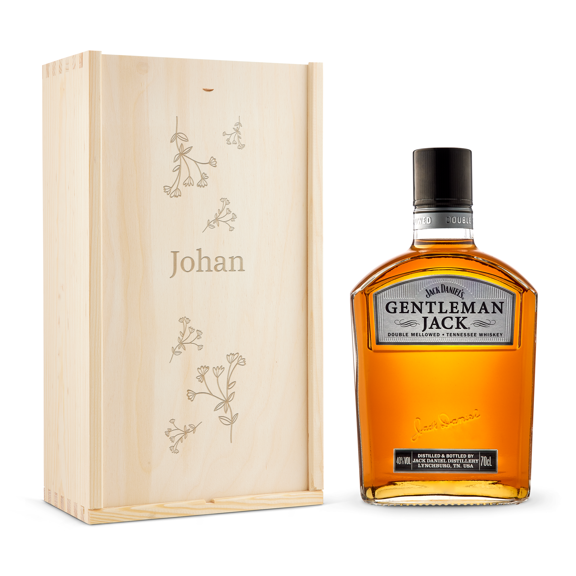 Jack Daniels Gentleman Jack Bourbon whisky i personlig träväska