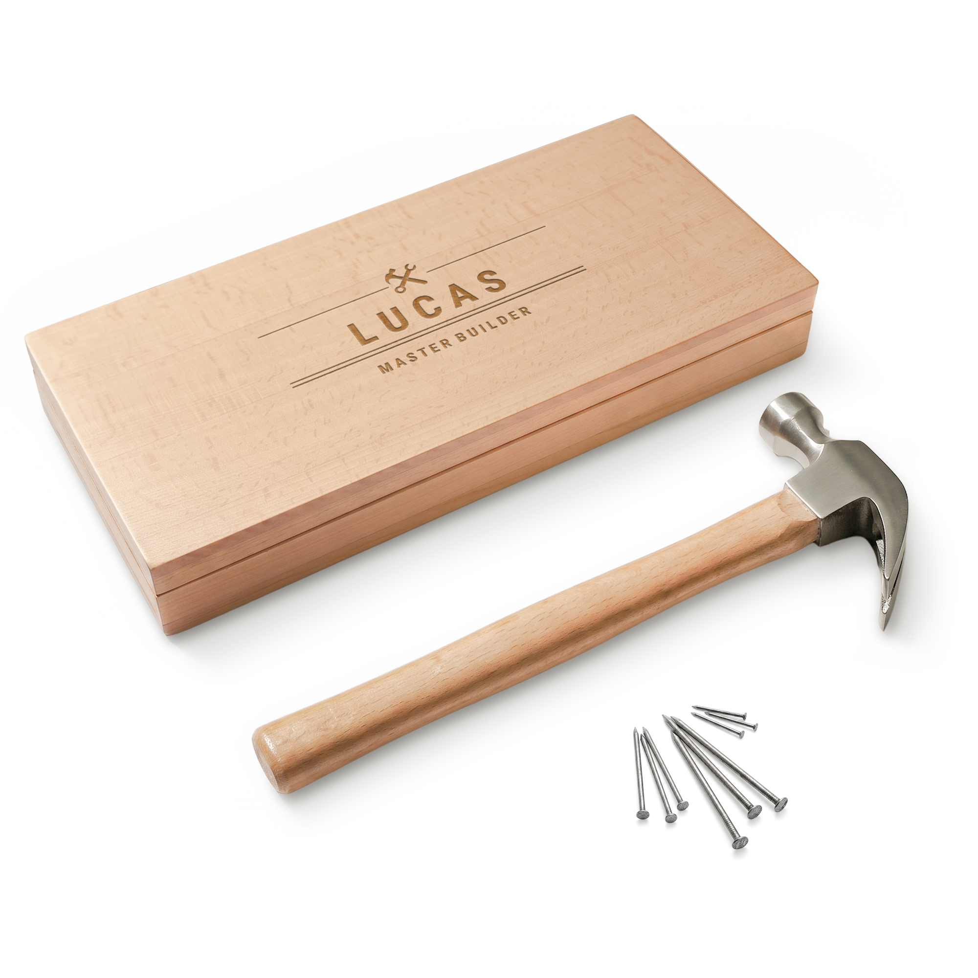 Hammer in engraved wooden box