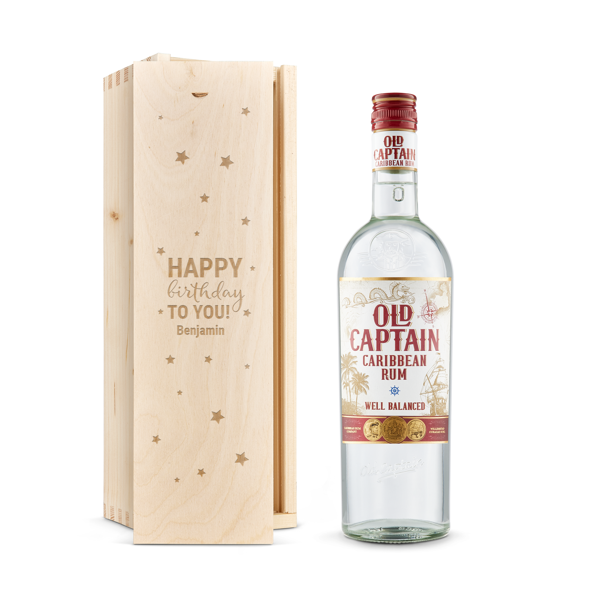 Old Captain White rum in engraved case