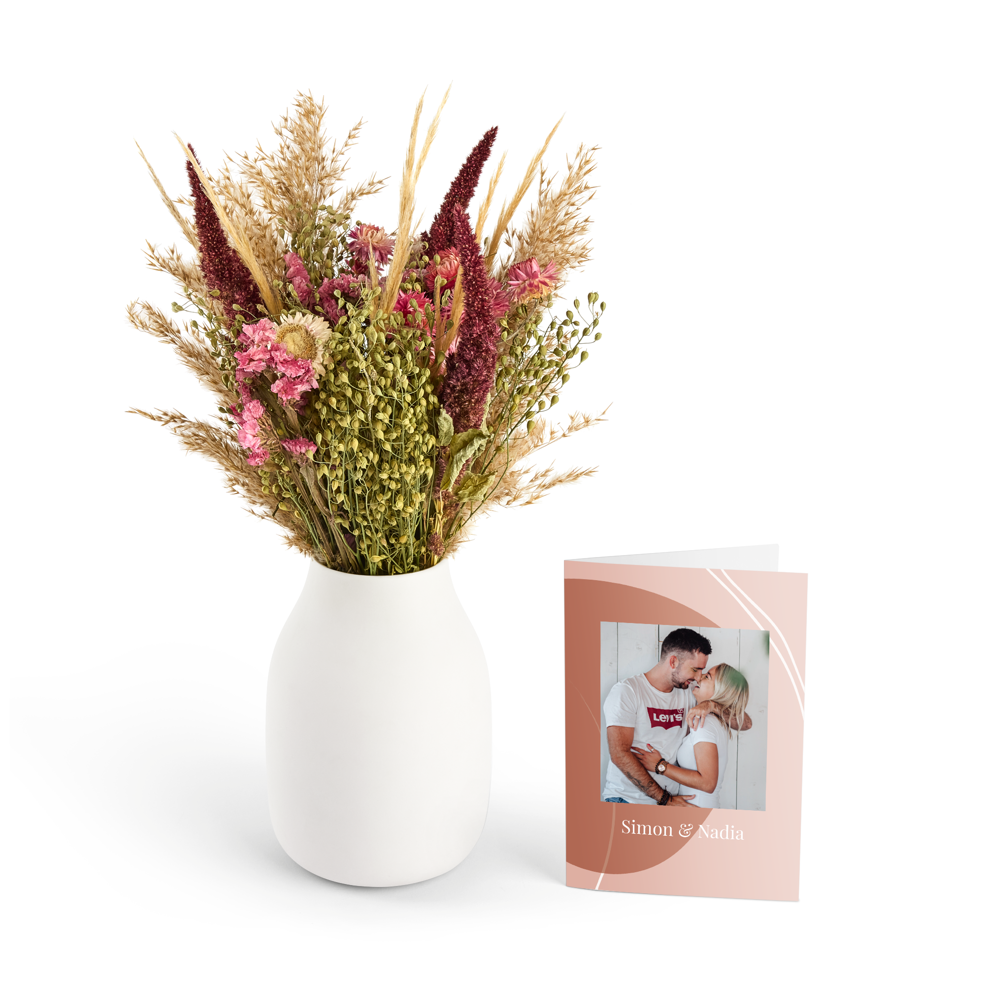Buket med tørrede blomster-personligt kort-pink