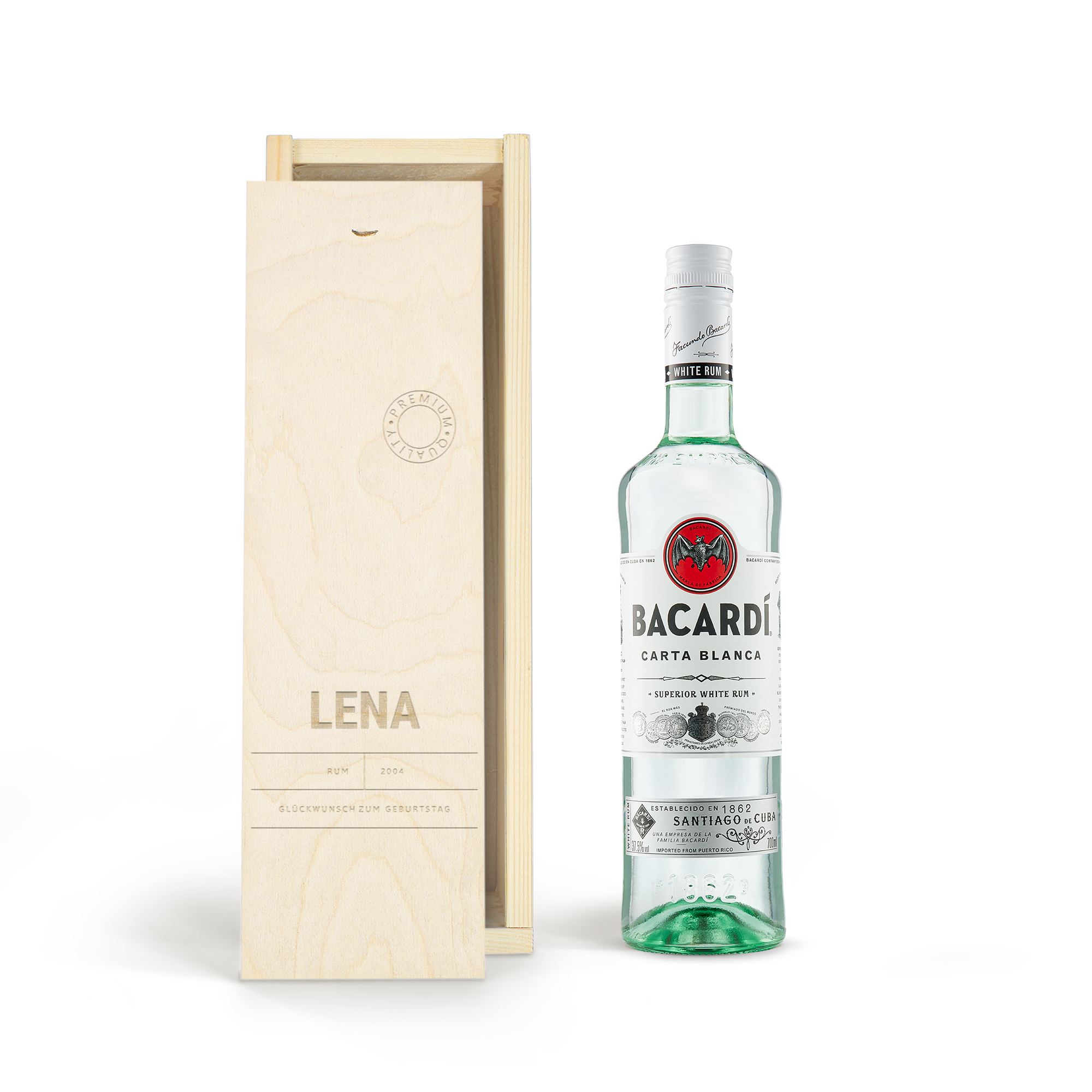Bacardi White Rum in personalisierter Holzkiste