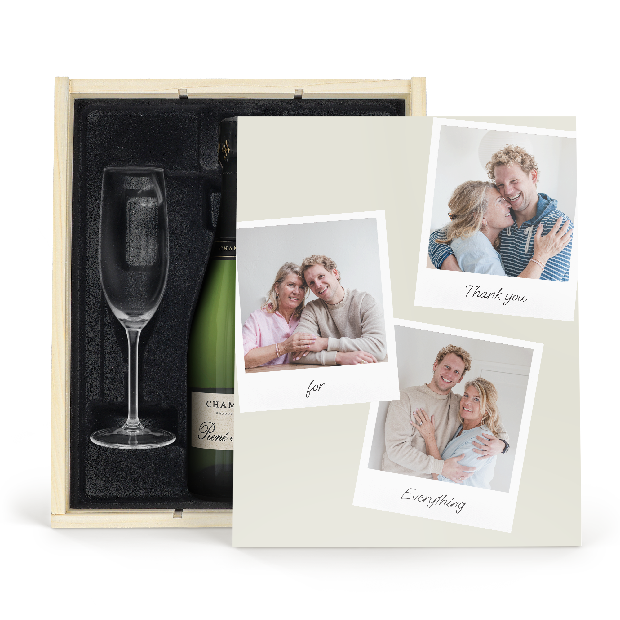 Champagner Geschenk personalisieren - René Schloesser mit Gläsern und bedrucktem Deckel (750ml)