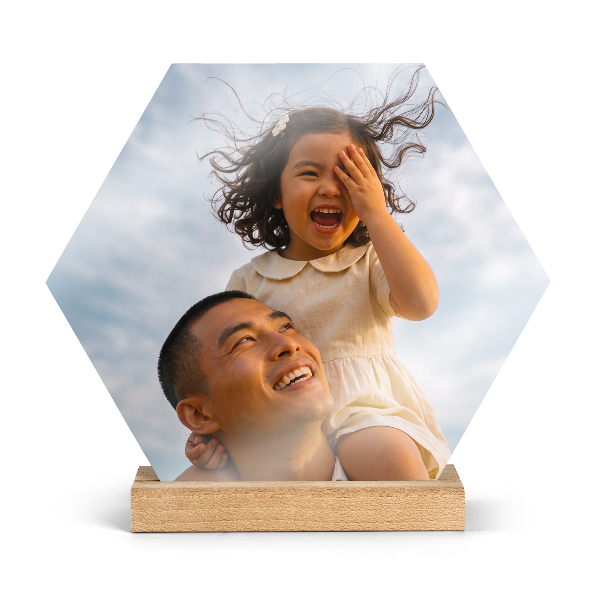 Houten fototegel met houder bedrukken - Hexagon