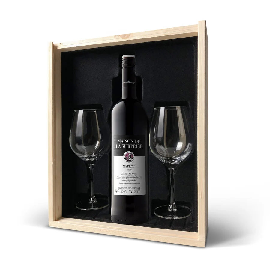 Coffret vin rouge avec 2 verres - Maison de la Surprise Merlot - Couvercle personnalisé
