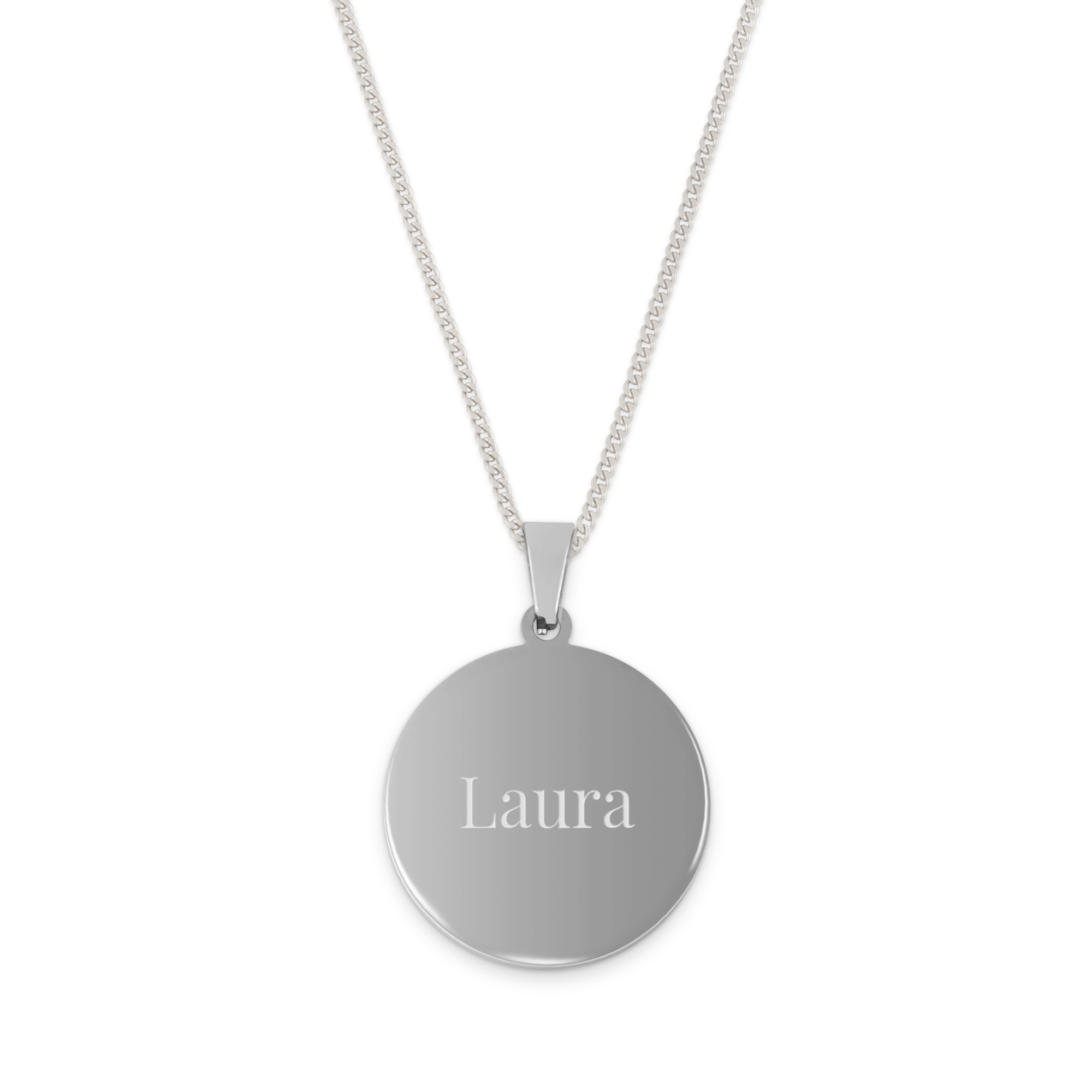 Necklace round pendant with text - Silver