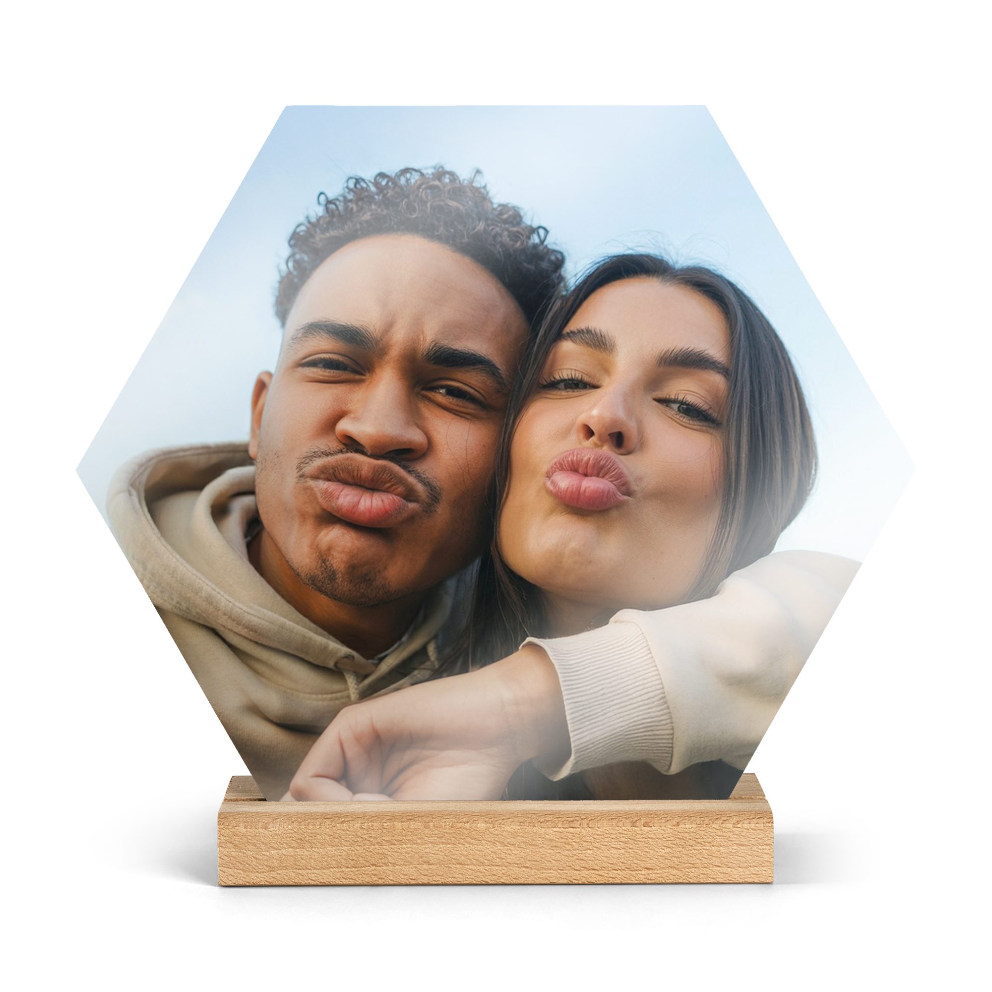 Personalisierte Fotokachel mit Holzständer - Hartfaser - Hexagon