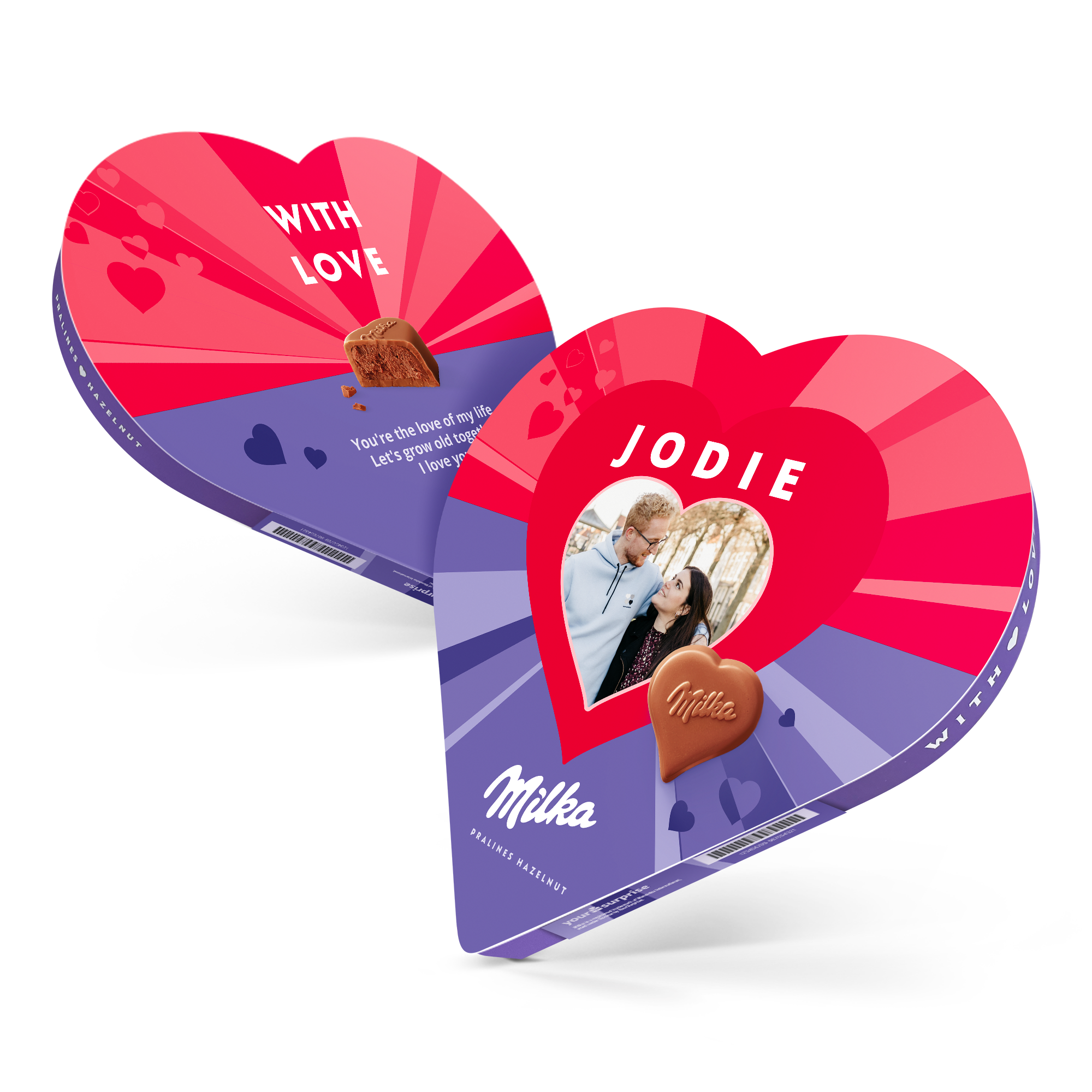 Cutie cadou personalizată cu inimă de ciocolată Milka