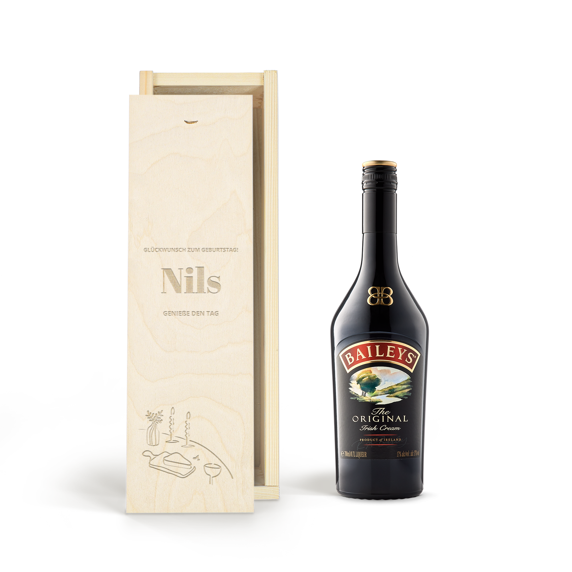 Likör in gravierter Holzkiste - Baileys Original Irish Cream