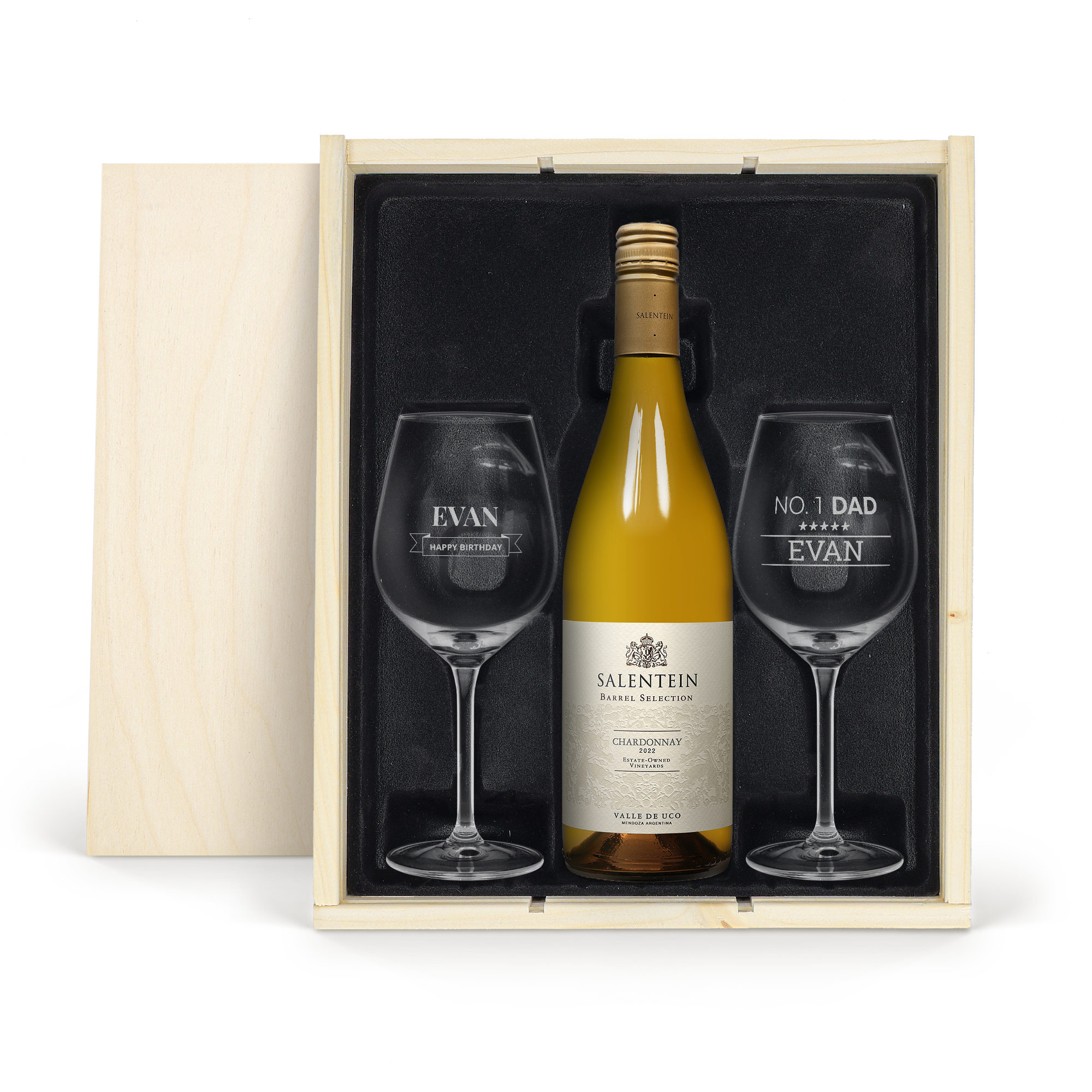 Pacote vinho Salentein Chardonnay com 2 copos gravados