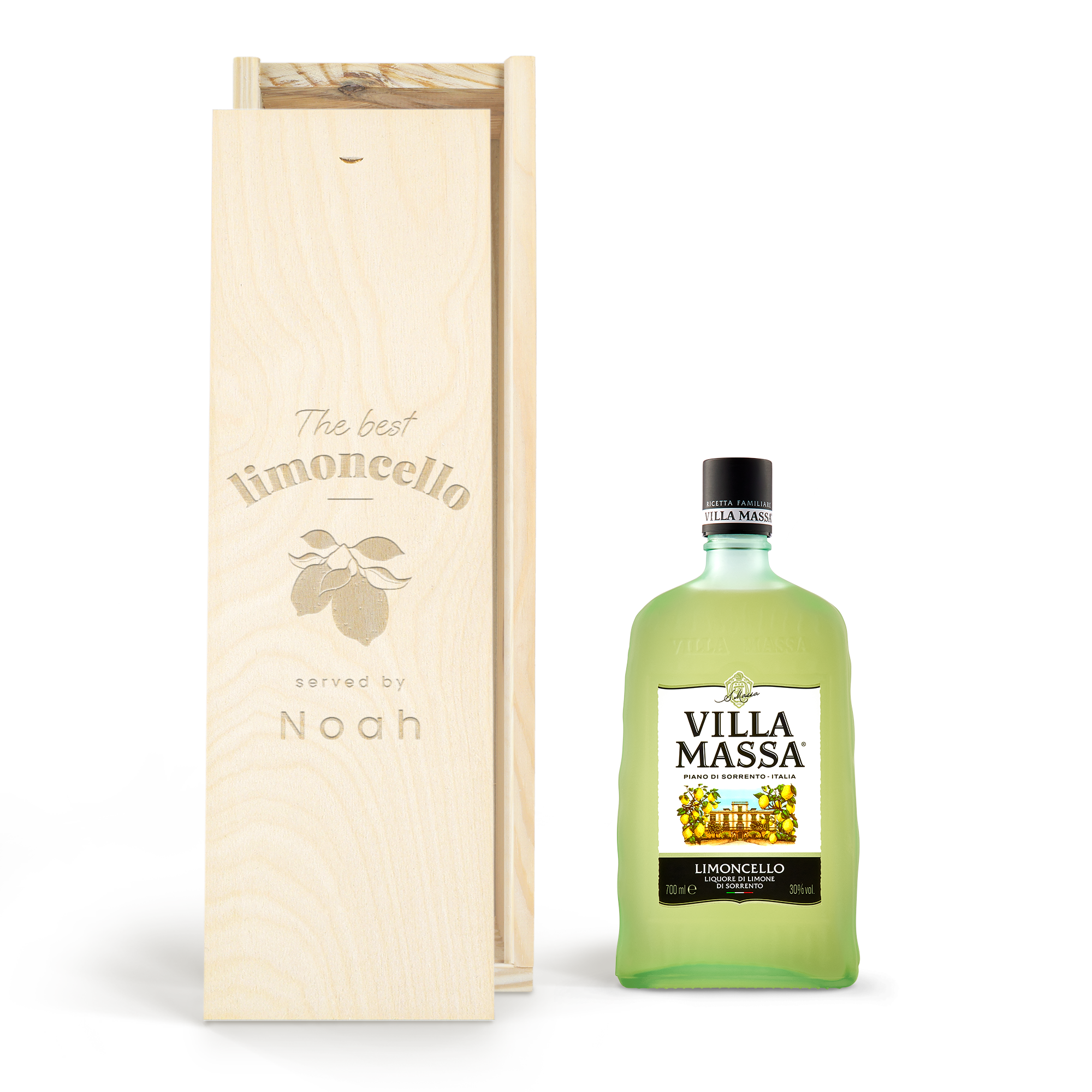 Likör in gravierter Holzkiste - Limoncello Villa Massa