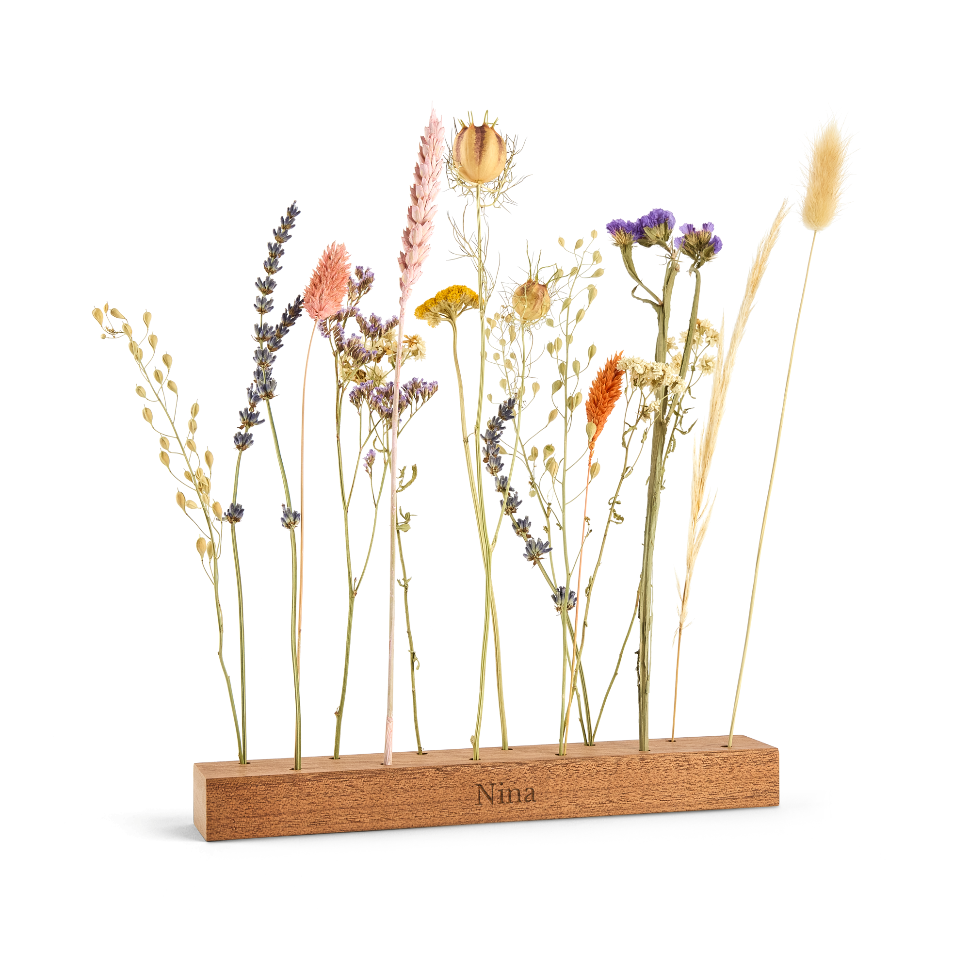Droogbloemen in gepersonaliseerde houten houder met naam