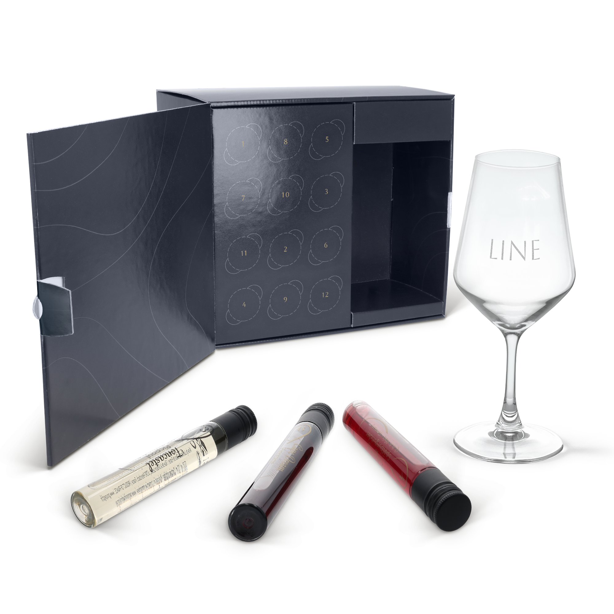 Set de degustación de vino con 12 tubos y copa grabada