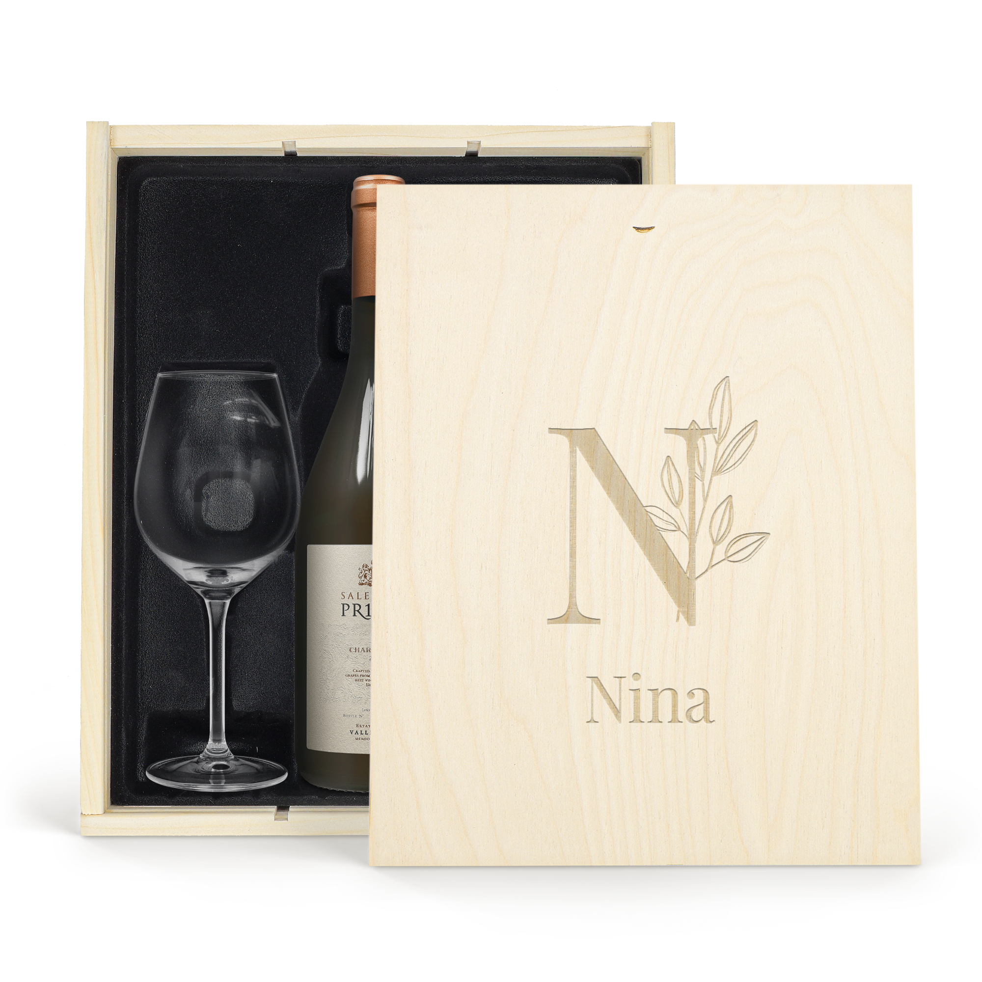 Coffret vin blanc avec 2 verres - Salentein Primus Chardonnay - Couvercle gravé