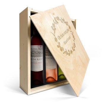 Wijnpakket in gegraveerde kist - Oude Kaap - Wit, rood en rosé
