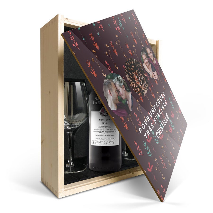 Coffret vin rouge avec 2 verres - Maison de la Surprise Merlot  - Couvercle imprimé