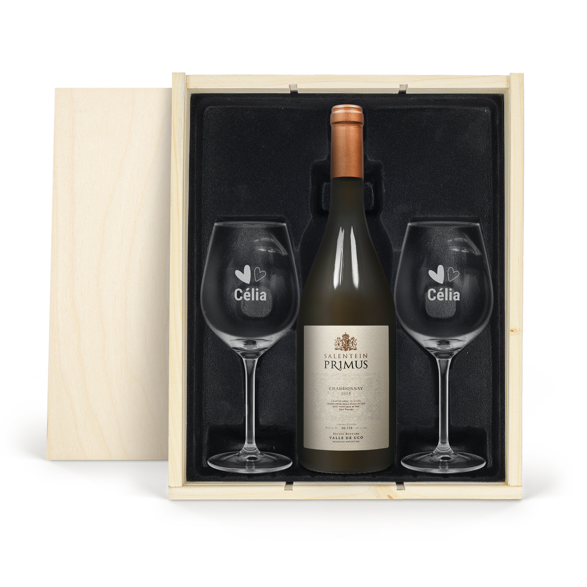 Coffret à vin avec 2 verres gravés - Salentein Primus Chardonnay