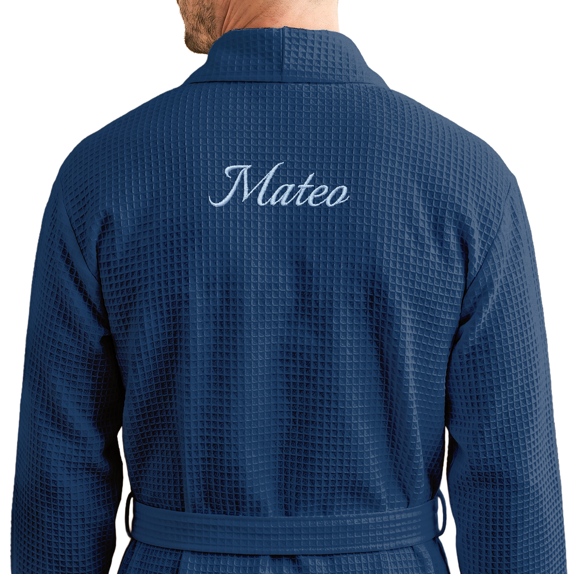 Personalisierter Waffel-Bademantel Herren - Bestickt - Blau - S/M