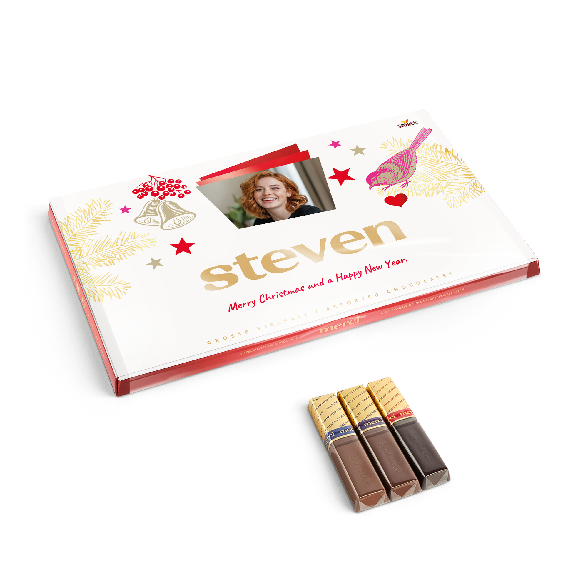 Personlig presentförpackning med Merci-choklad och gratulationskort