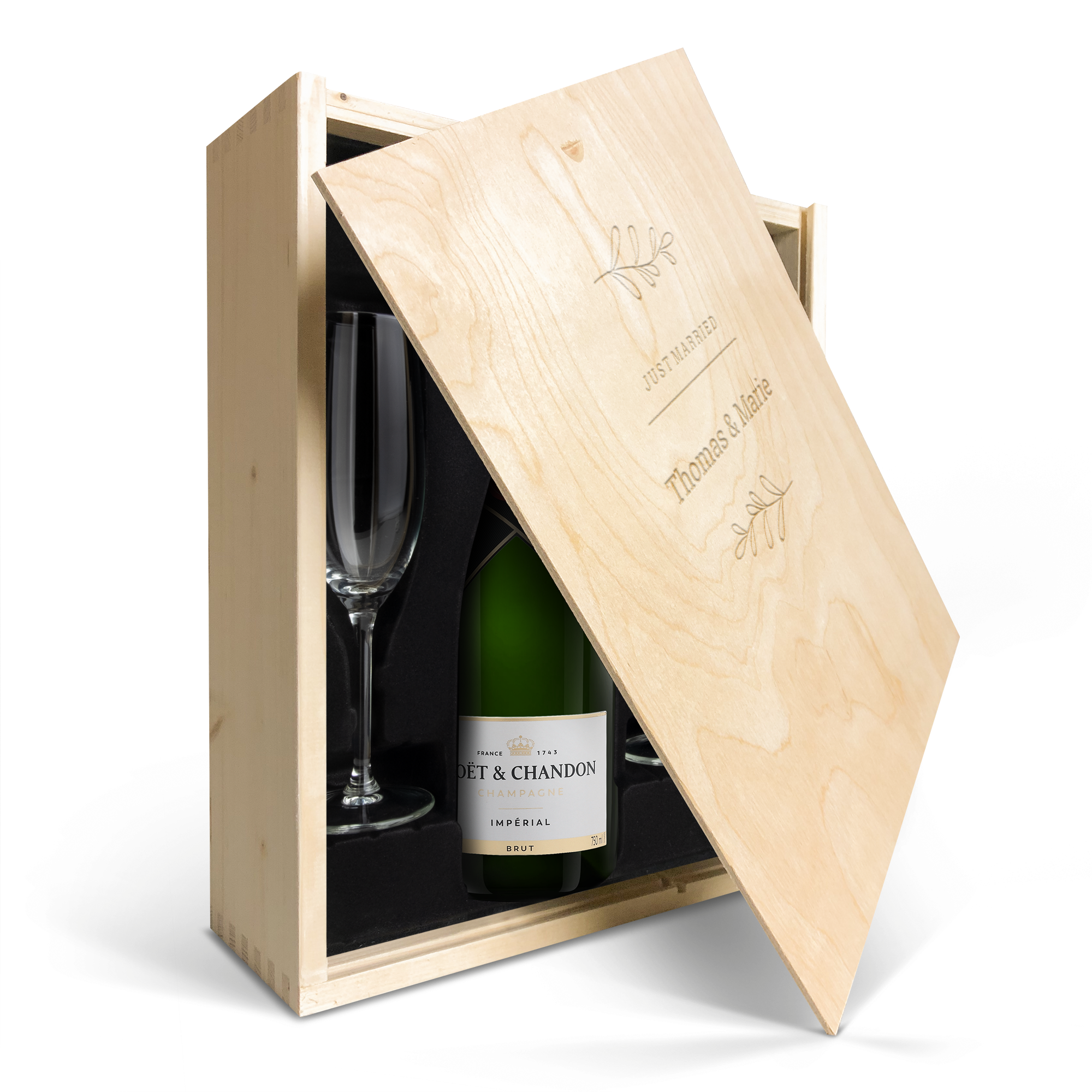  Moët & Chandon Brut Champagner Geschenk - mit Gläsern und Holzkiste mit Gravur