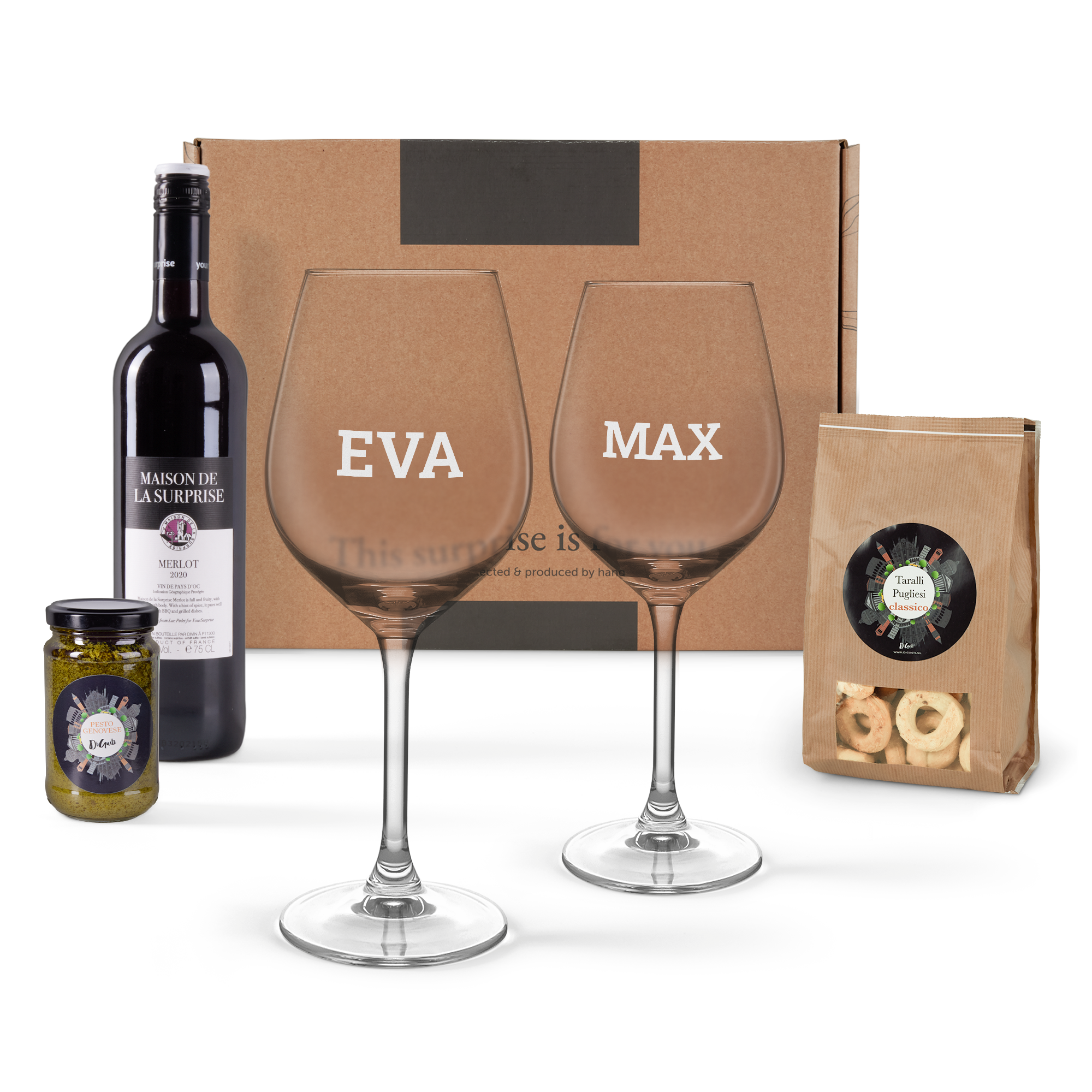 Darčeková krabička s pohármi, vínom a občerstvením