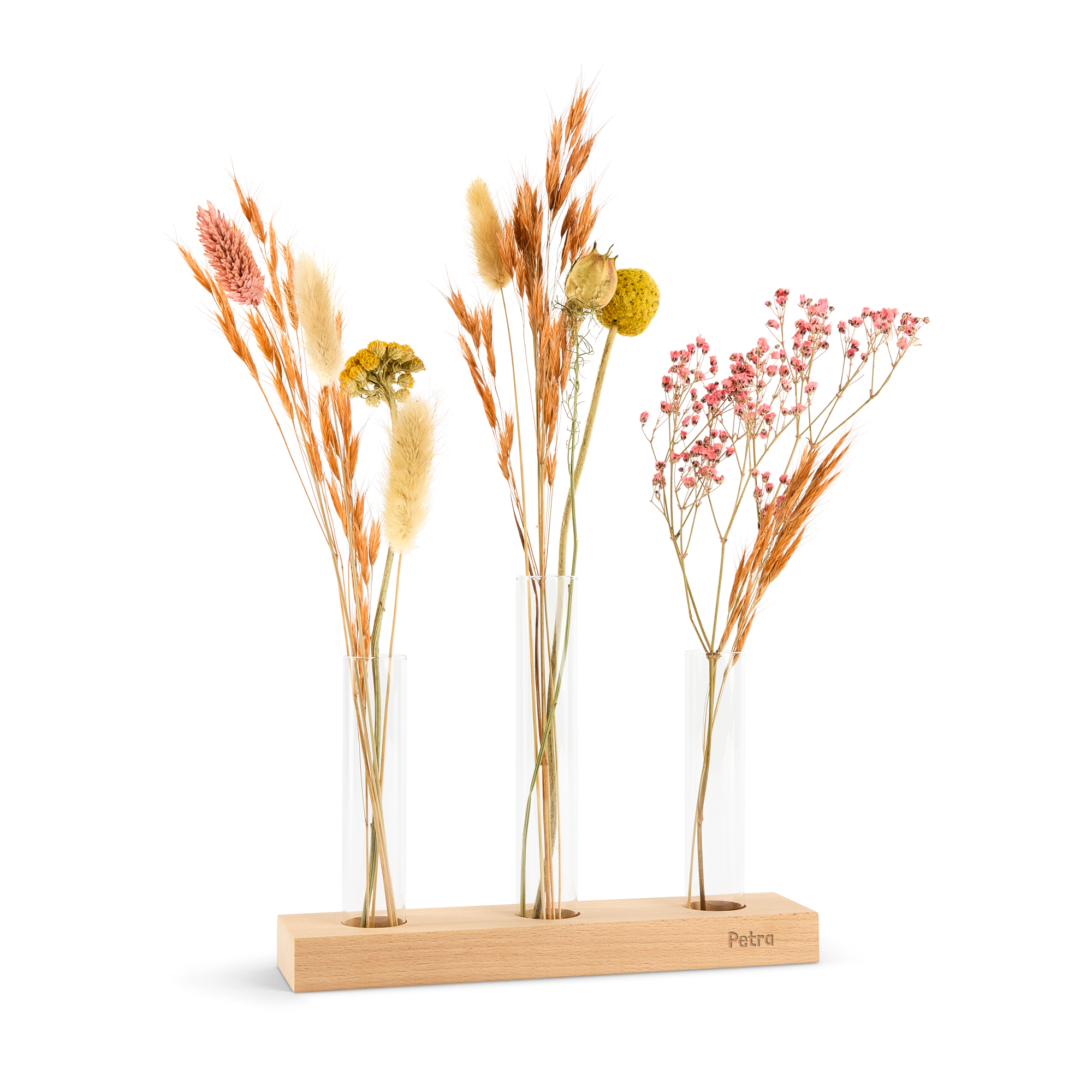 Sušené květiny - 3 vázy - Personalizovaný dřevěný stojan