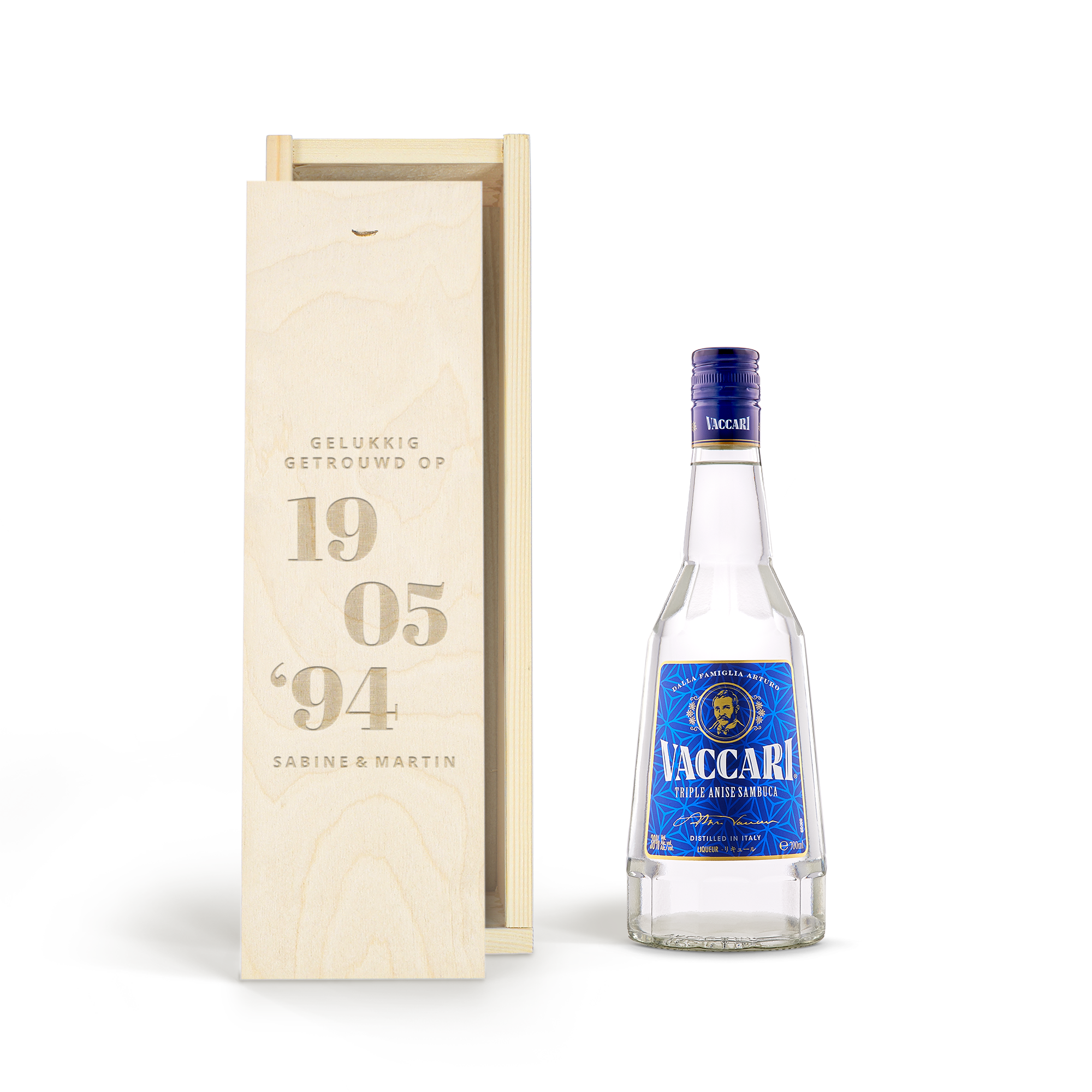 Likeur in gegraveerde kist - Sambuca Vaccari