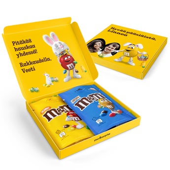 M&M's-suklaalahjapakkaus kuvalla ja/tai tekstillä