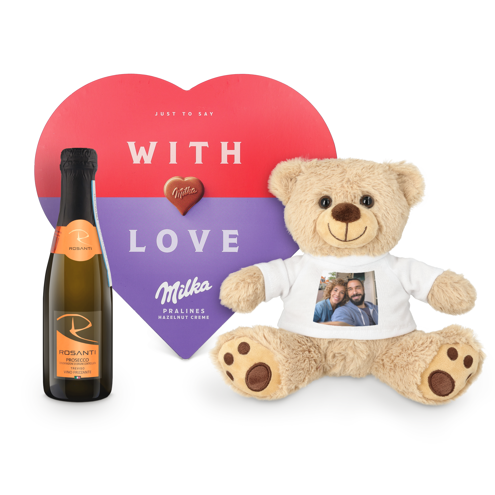 Osito de peluche con corazón de Milka y Mini Prosecco