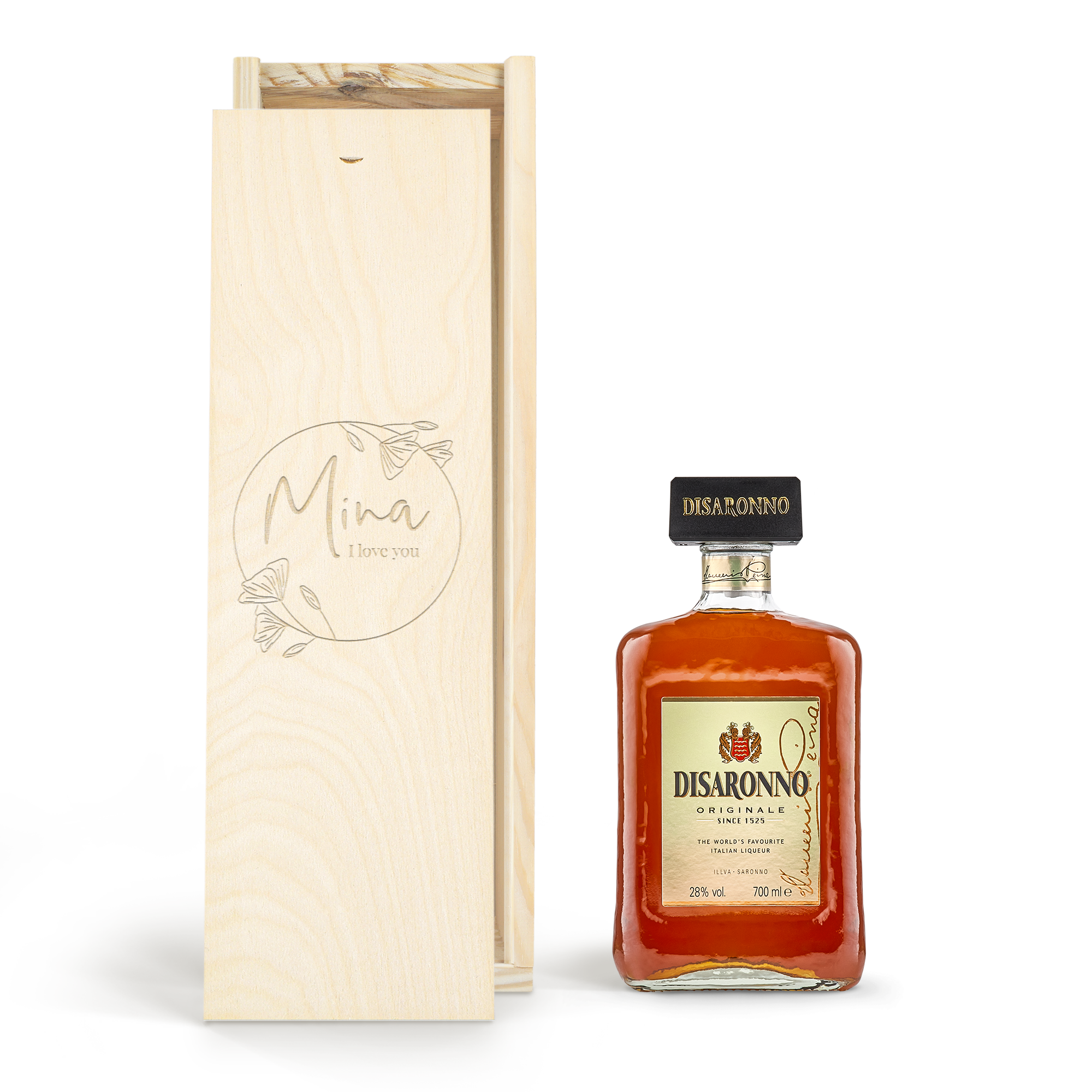 Amaretto Disaronno likőr  - Gravírozott dobozban