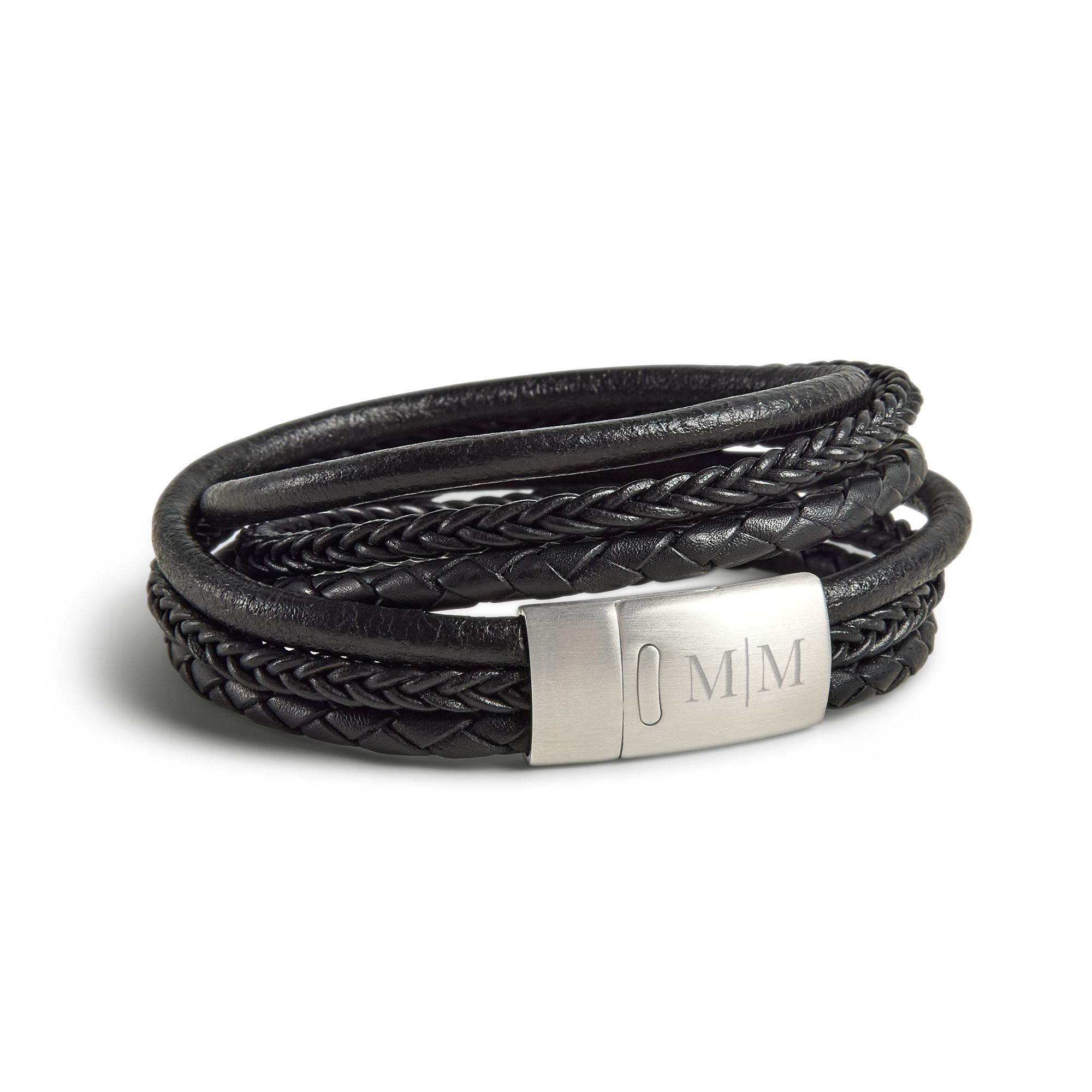 Luxurious double leather bracelet with engraving - Men - Black - L 