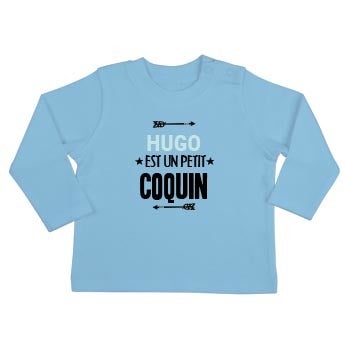 T-shirt bébé personnalisé - Manches longues - Bleu ciel - 50/56