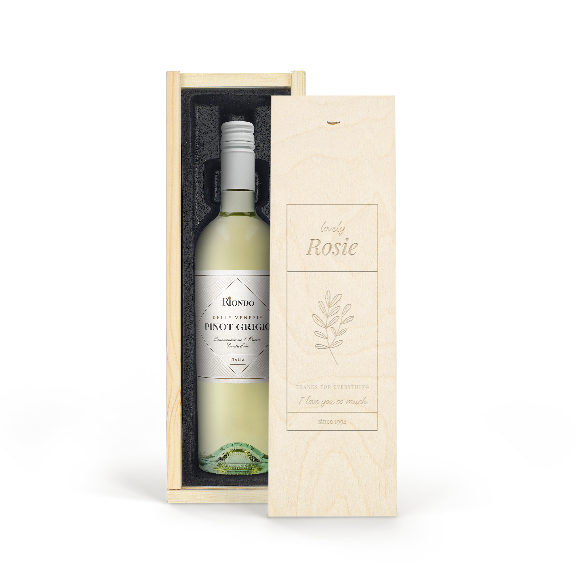 Vinho com caixa gravada-Riondo Pino Grigio