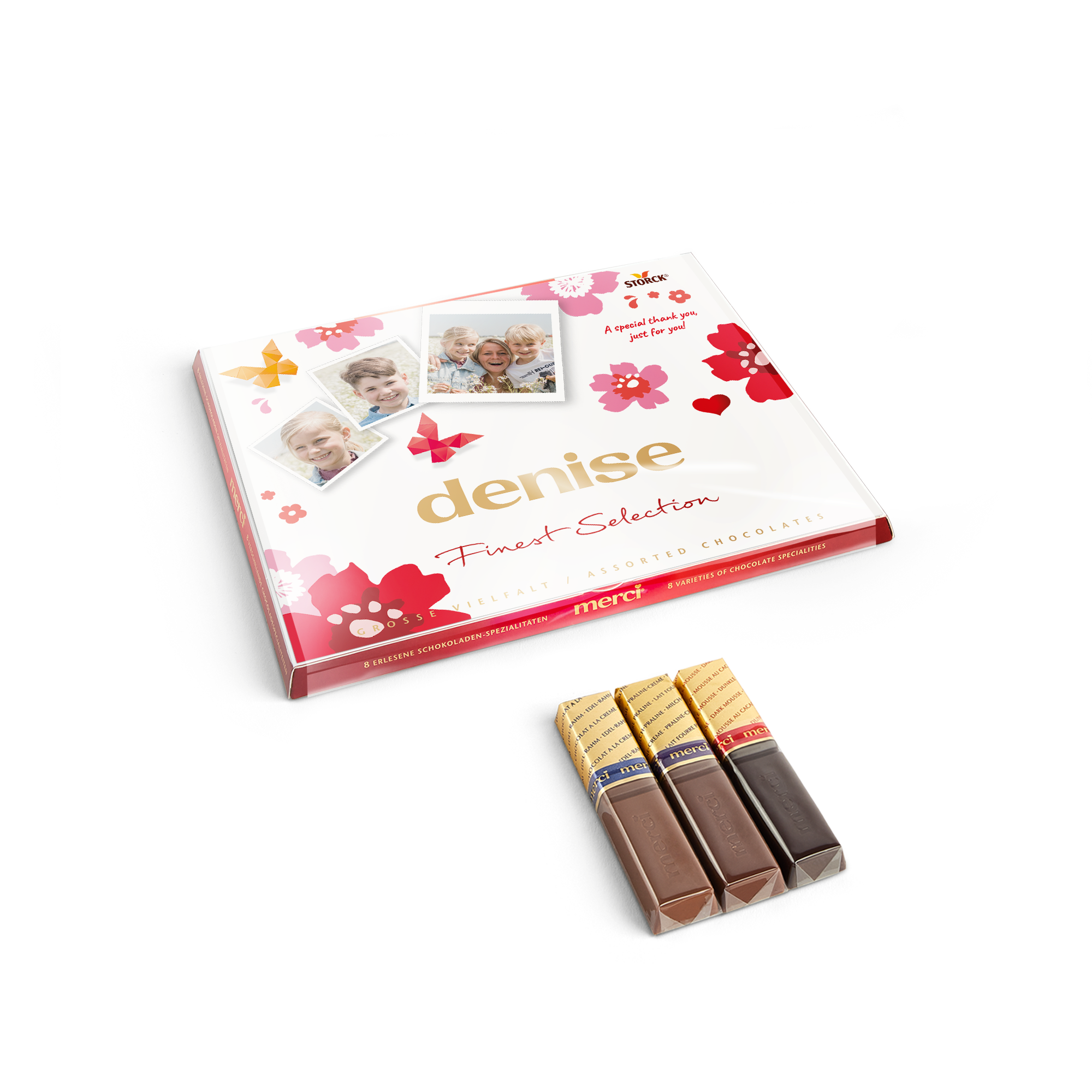 Personlig presentförpackning med Merci-choklad och gratulationskort