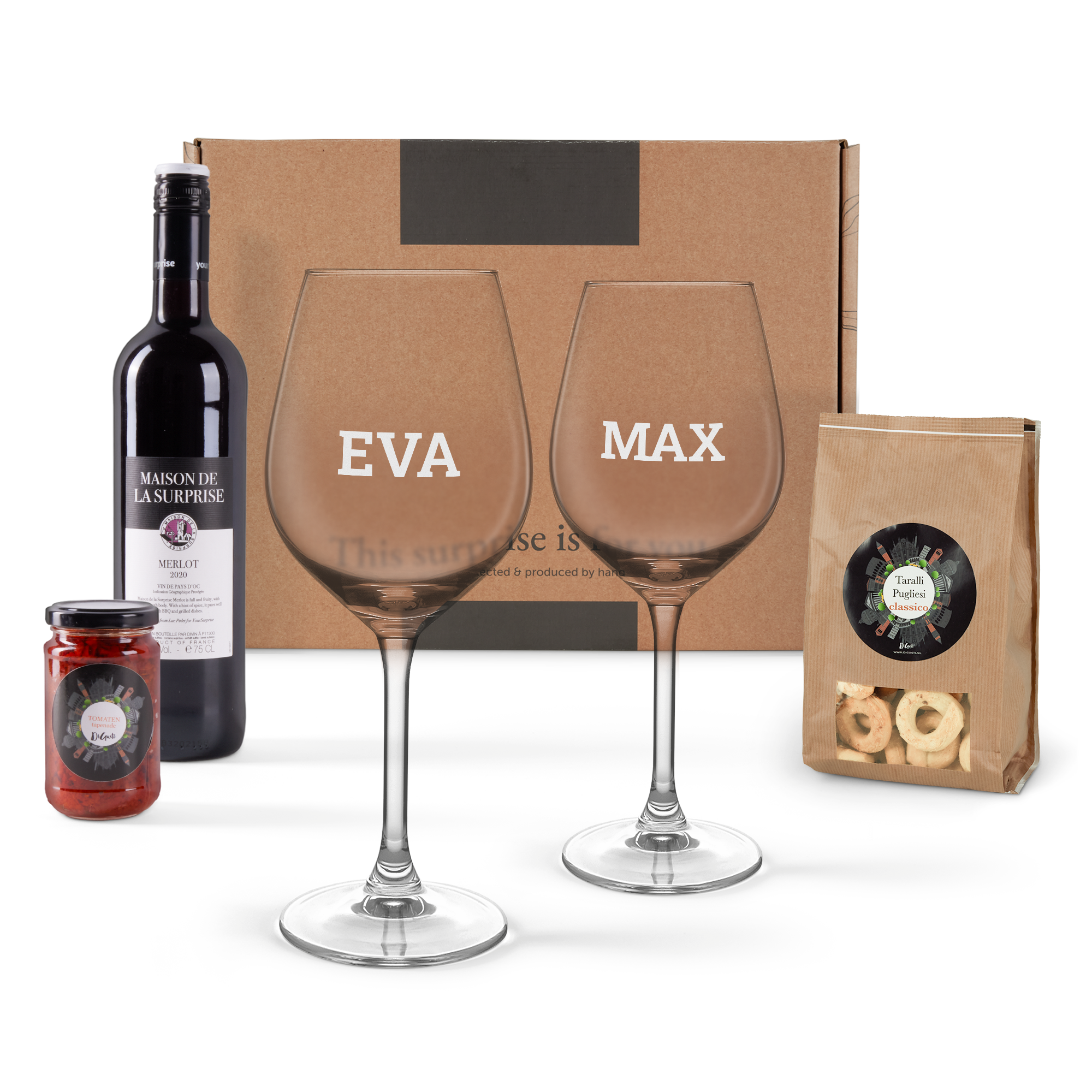 Aperitiv box s lahví vína a rytými skleničkami
