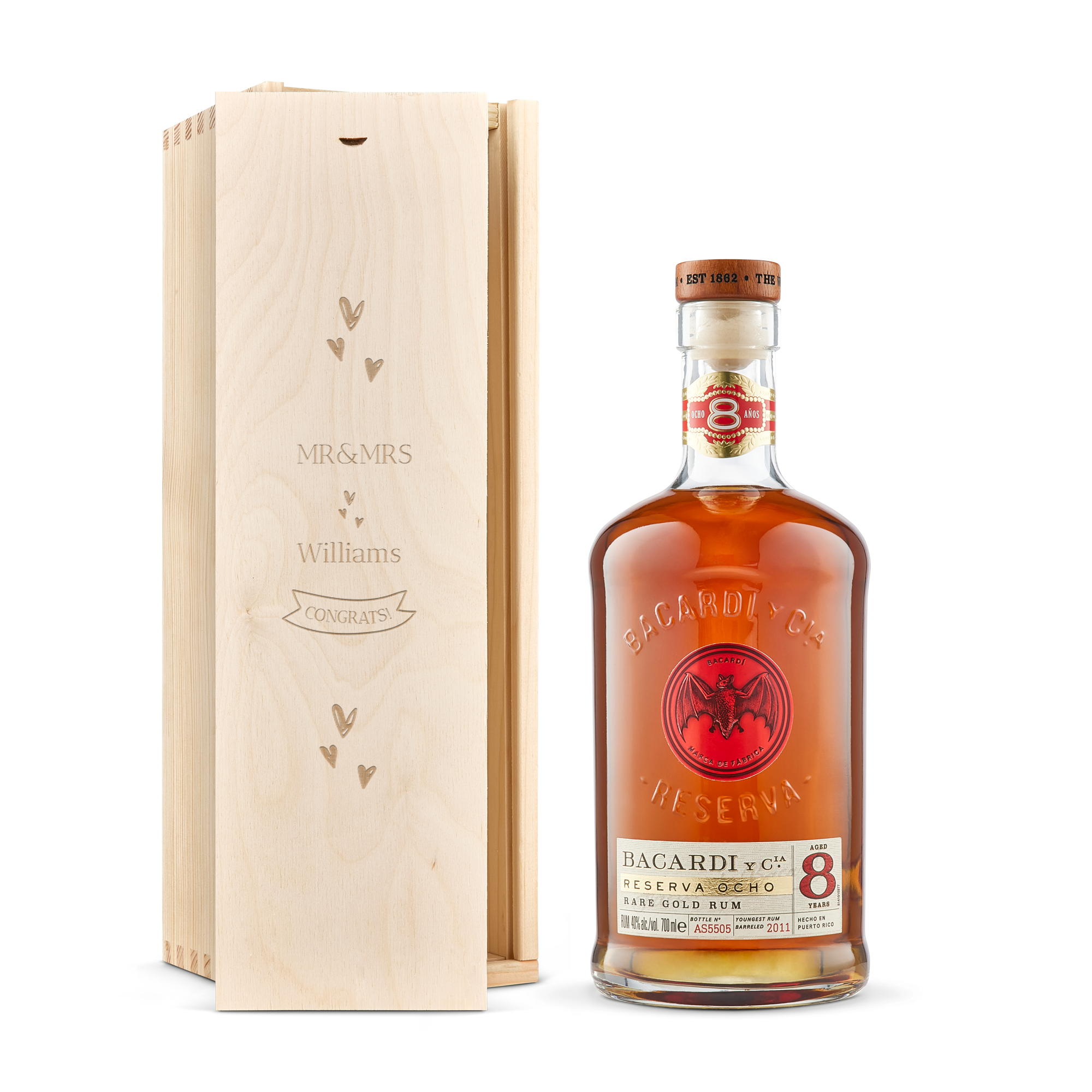 Personalised rum gift - Bacardi - Reserva Ocho - Engraved wooden case
