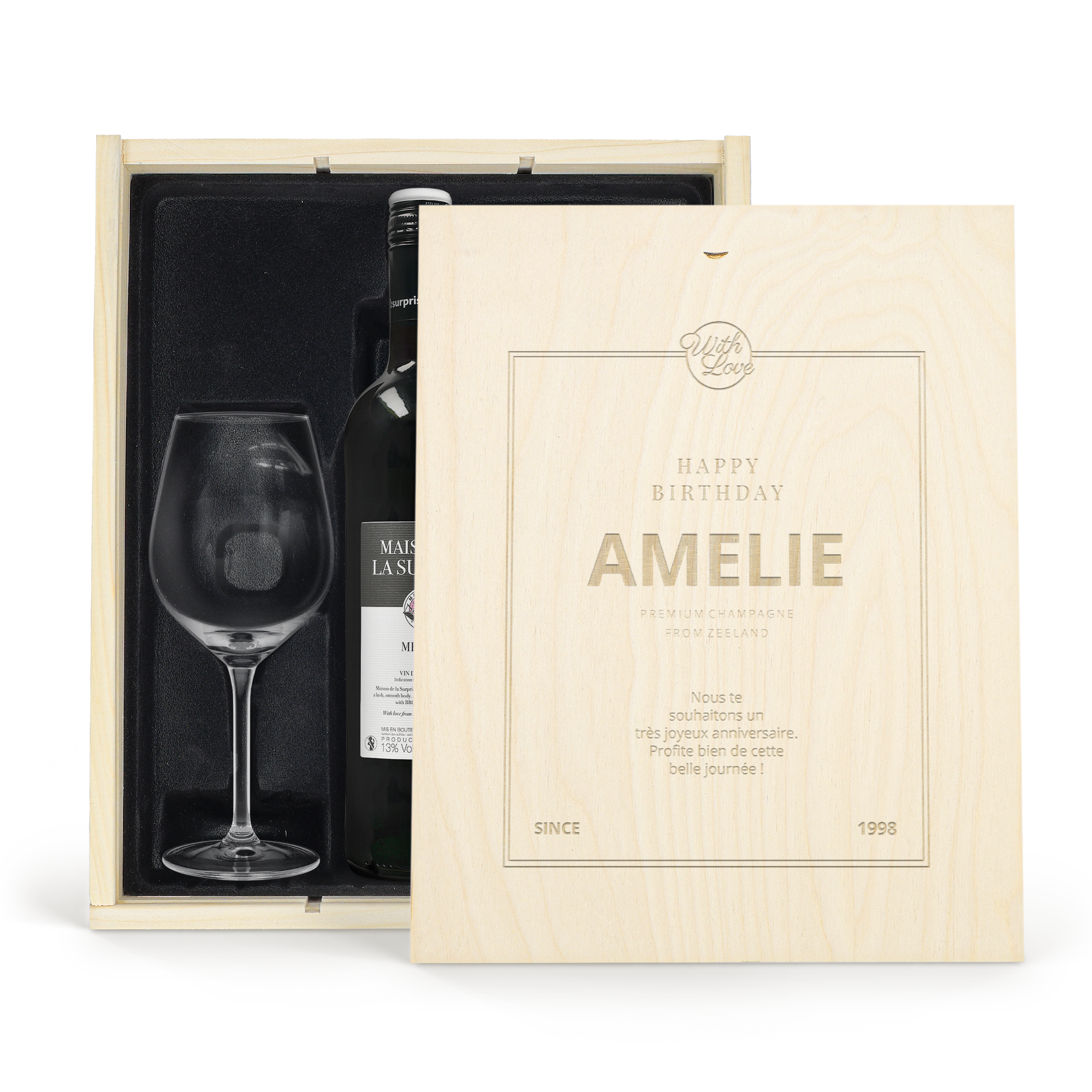 Coffret vin rouge avec 2 verres - Maison de la Surprise Merlot - Couvercle personnalisé