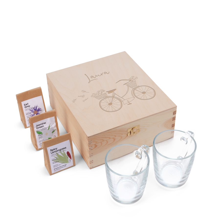 Engraved wooden tea box - 2 glasses & tea