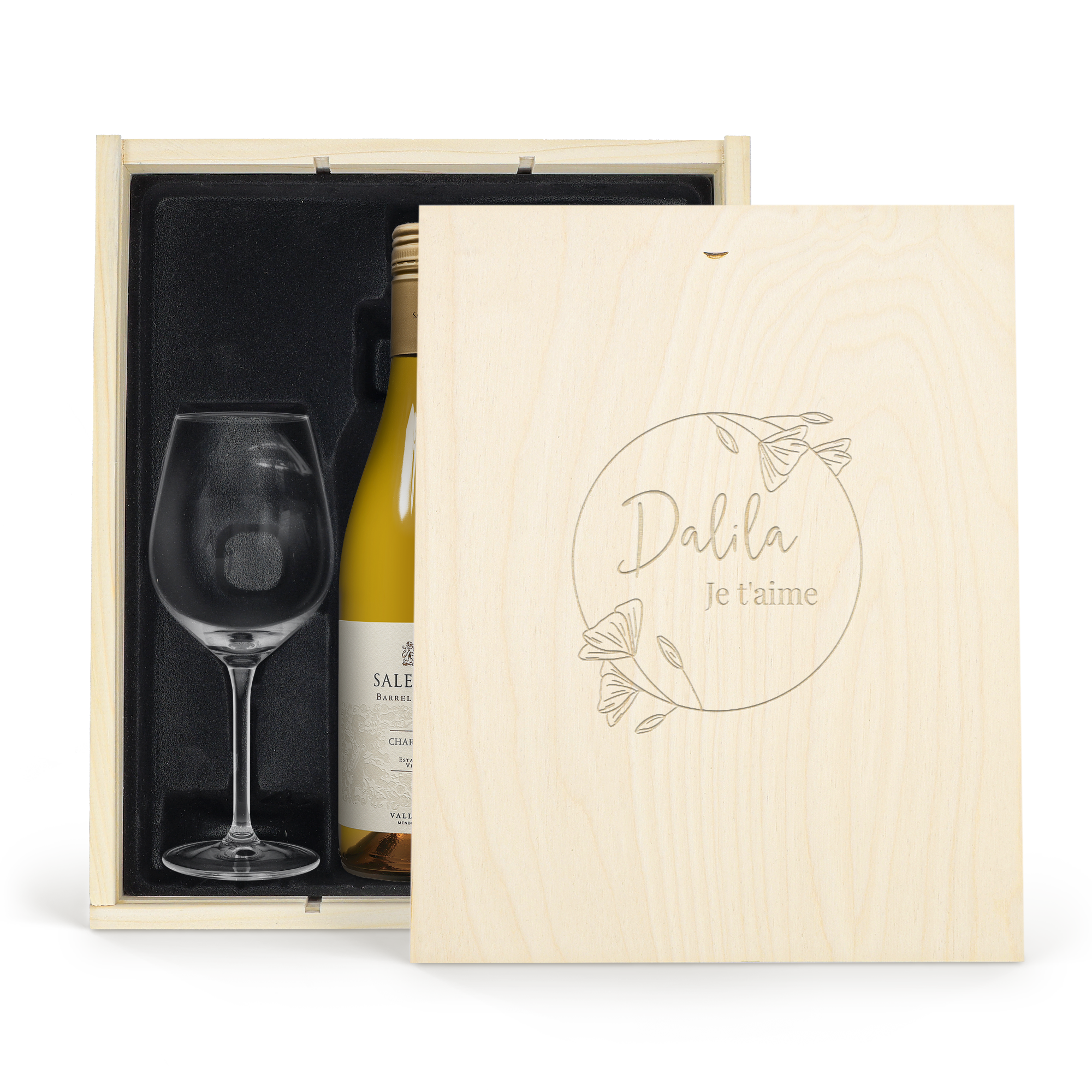 Coffret vin blanc avec 2 verres - Salentein Chardonnay - Couvercle gravé