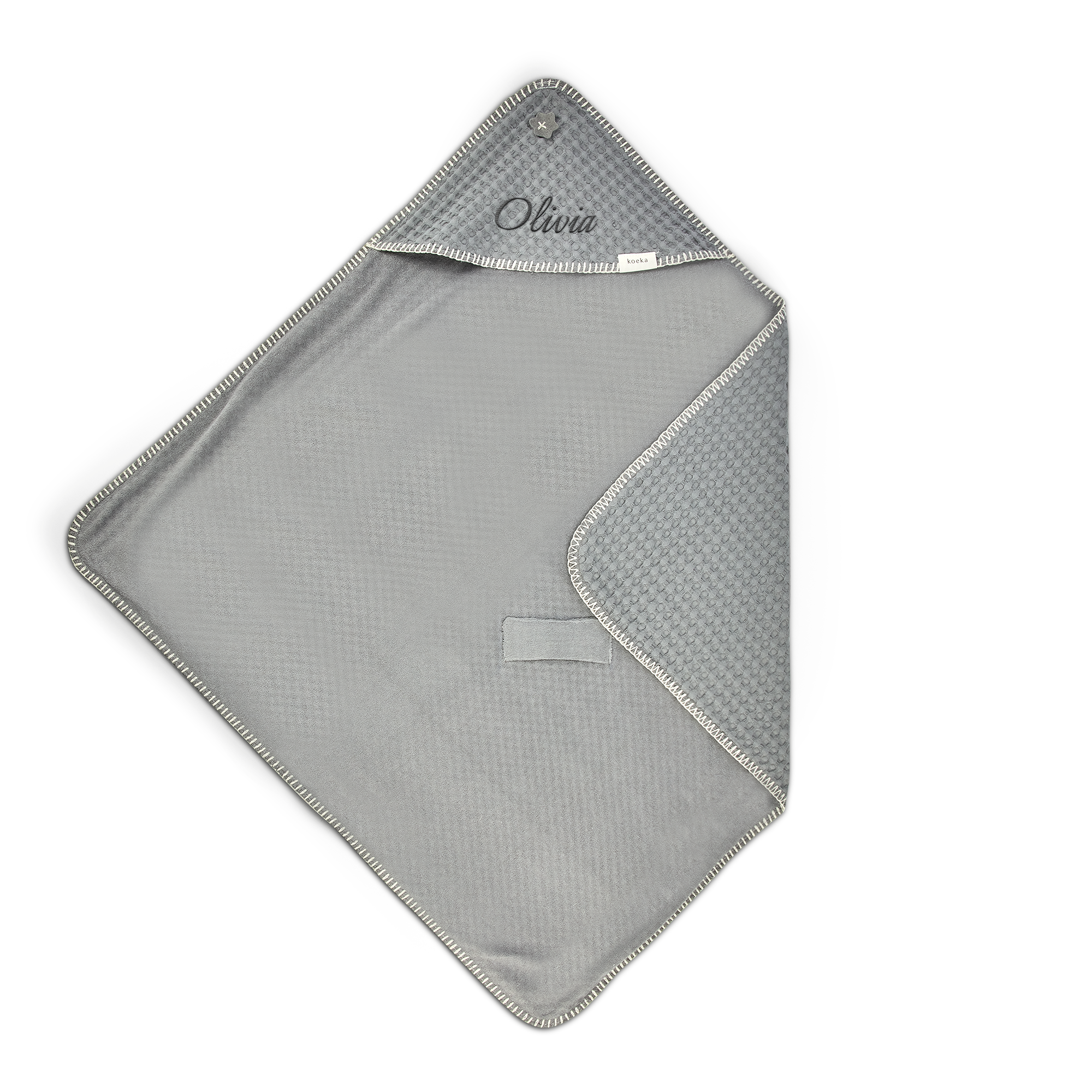 Broderet babyhåndklæde – Waffle-stof – Steel grey
