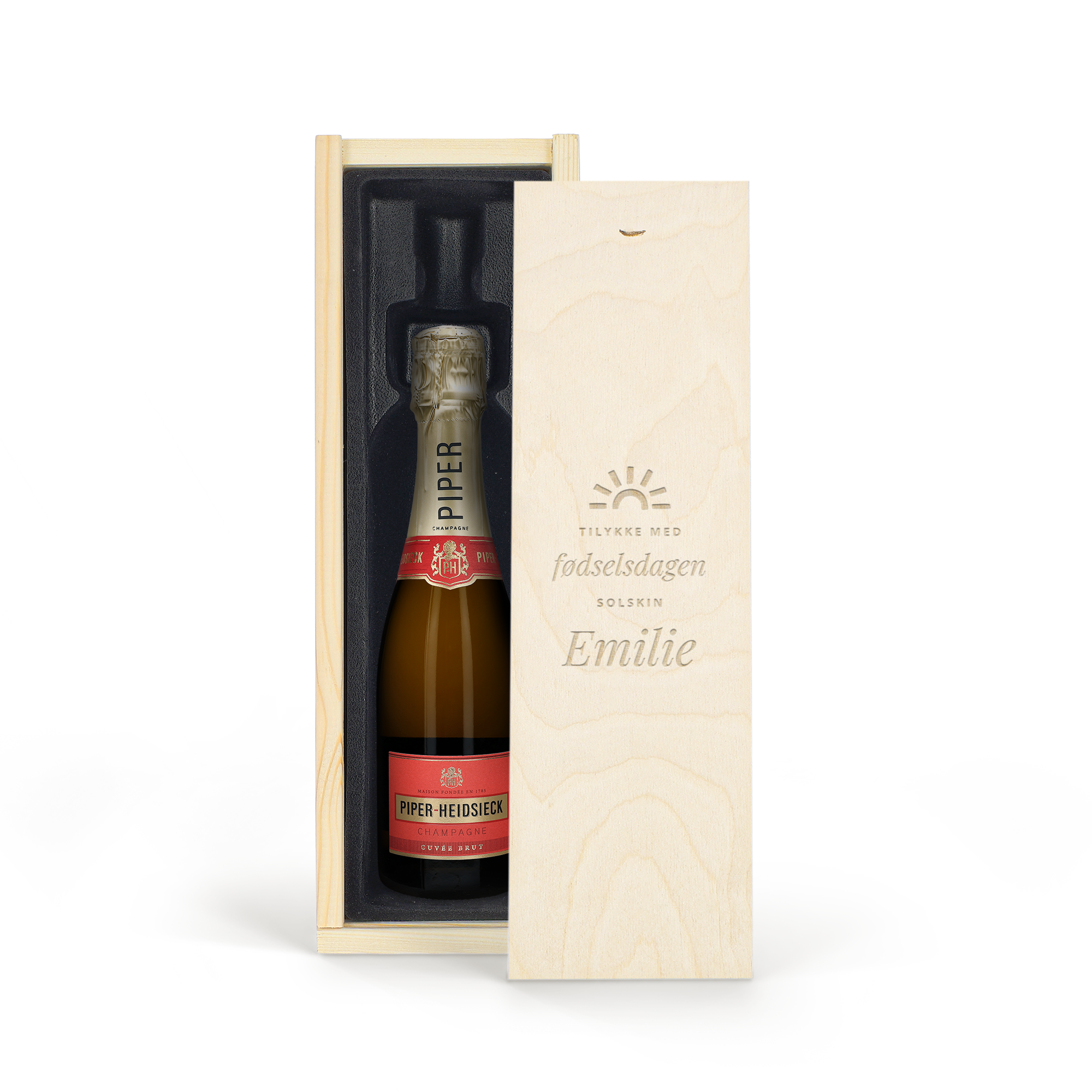 Piper Heidsieck Brut champagne (375 ml) i personlig trækasse