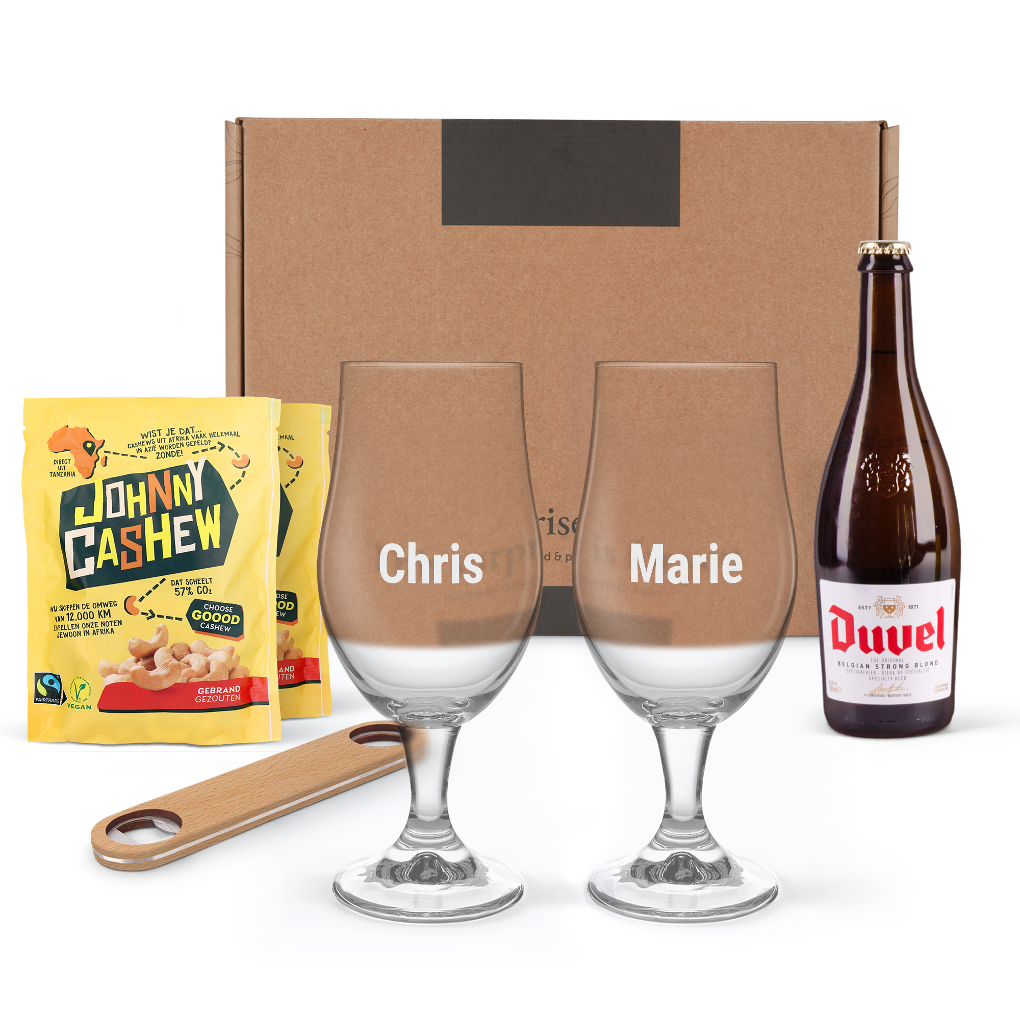 Coffret apéro avec bouteille de bière, verres gravés et décapsuleur