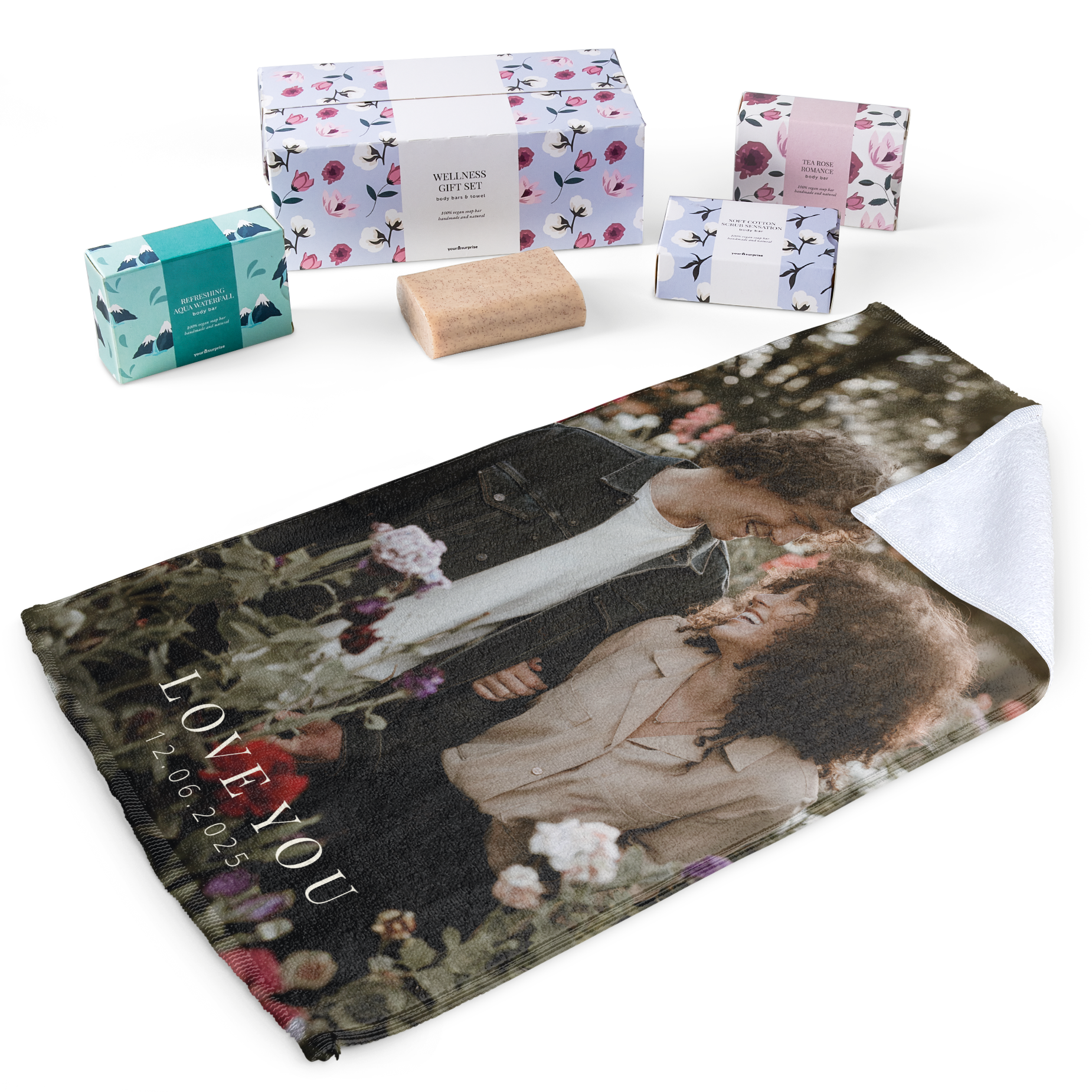 Coffret cadeau savon avec essuie-mains personnalisé