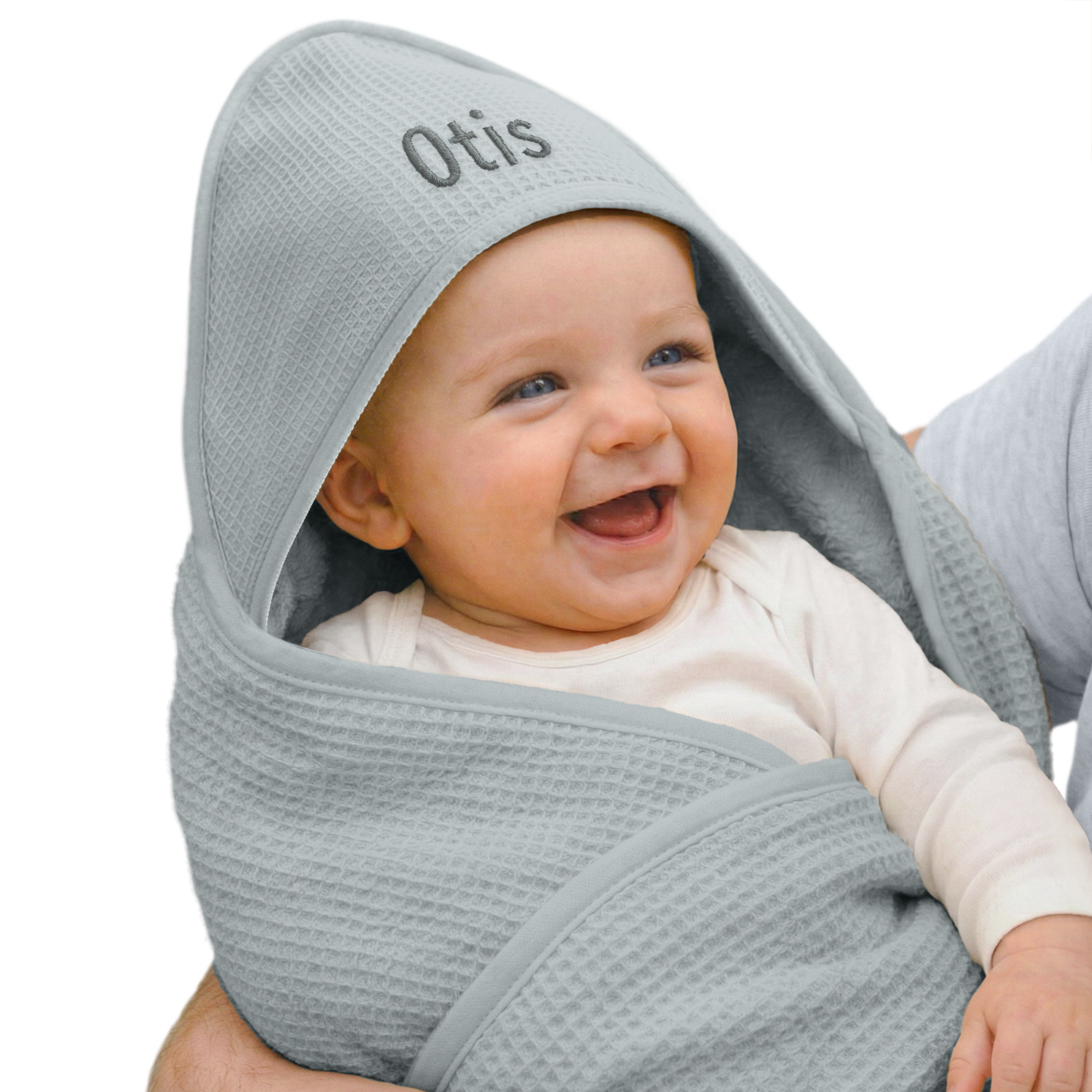 Personalised hoodie blanket for baby - Blue - Waffle & Fleece fabric
