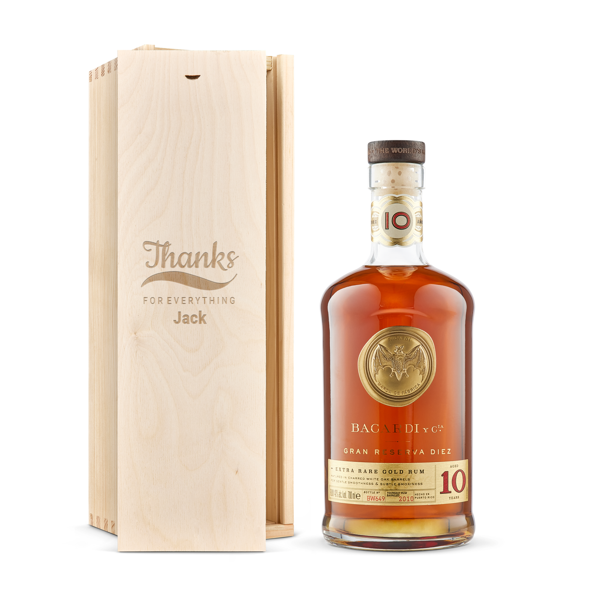 Personalised rum gift - Bacardi - Reserva Diez - Engraved wooden case