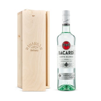Bacardi white rum in engraved case
