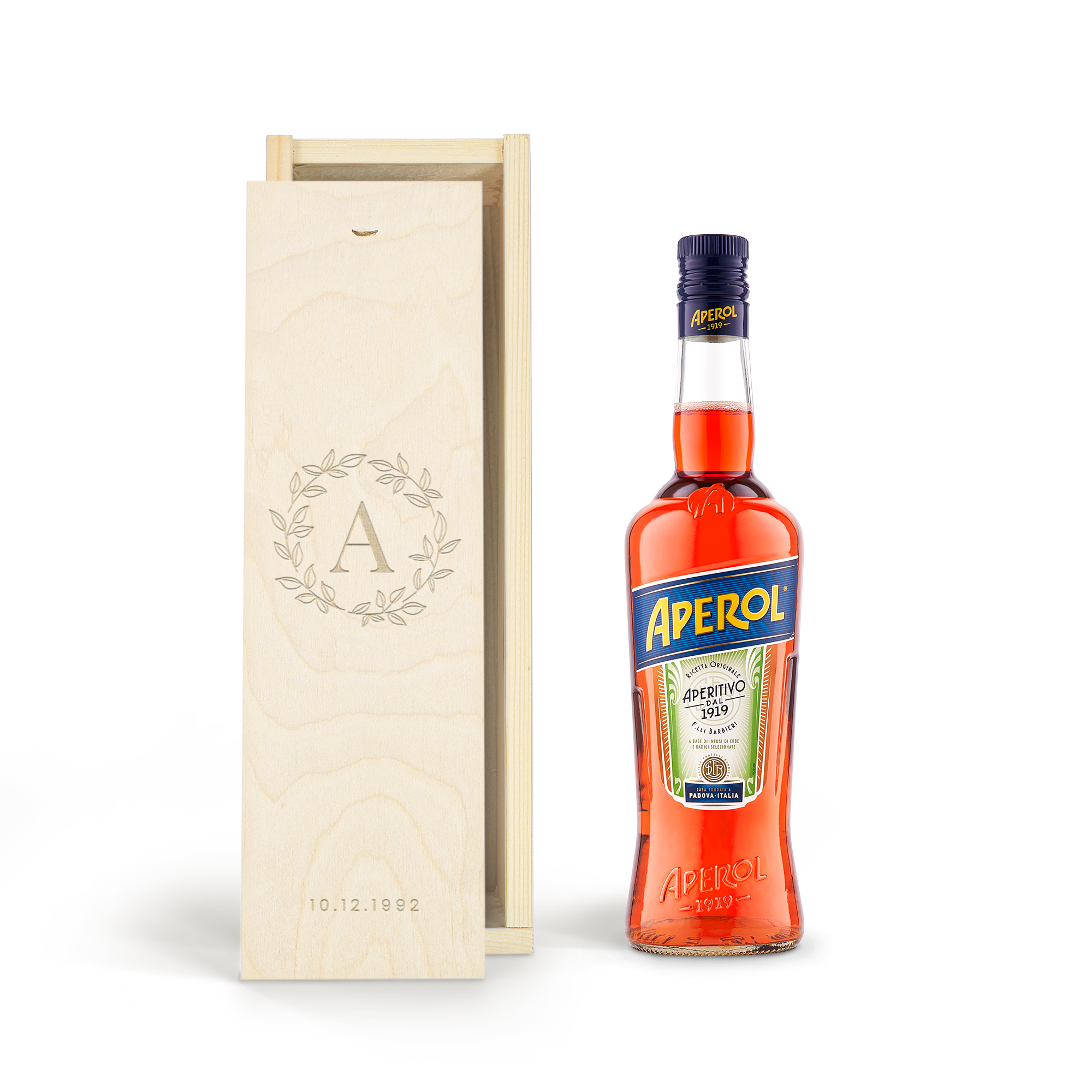 Personalised liqueur gift - Aperol - Engraved wooden case