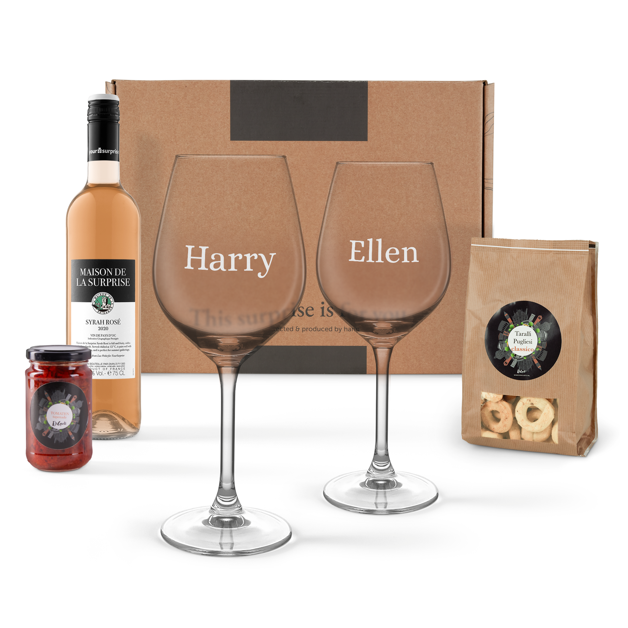 Wine & snacks gift set - Rosé - Engraved glasses