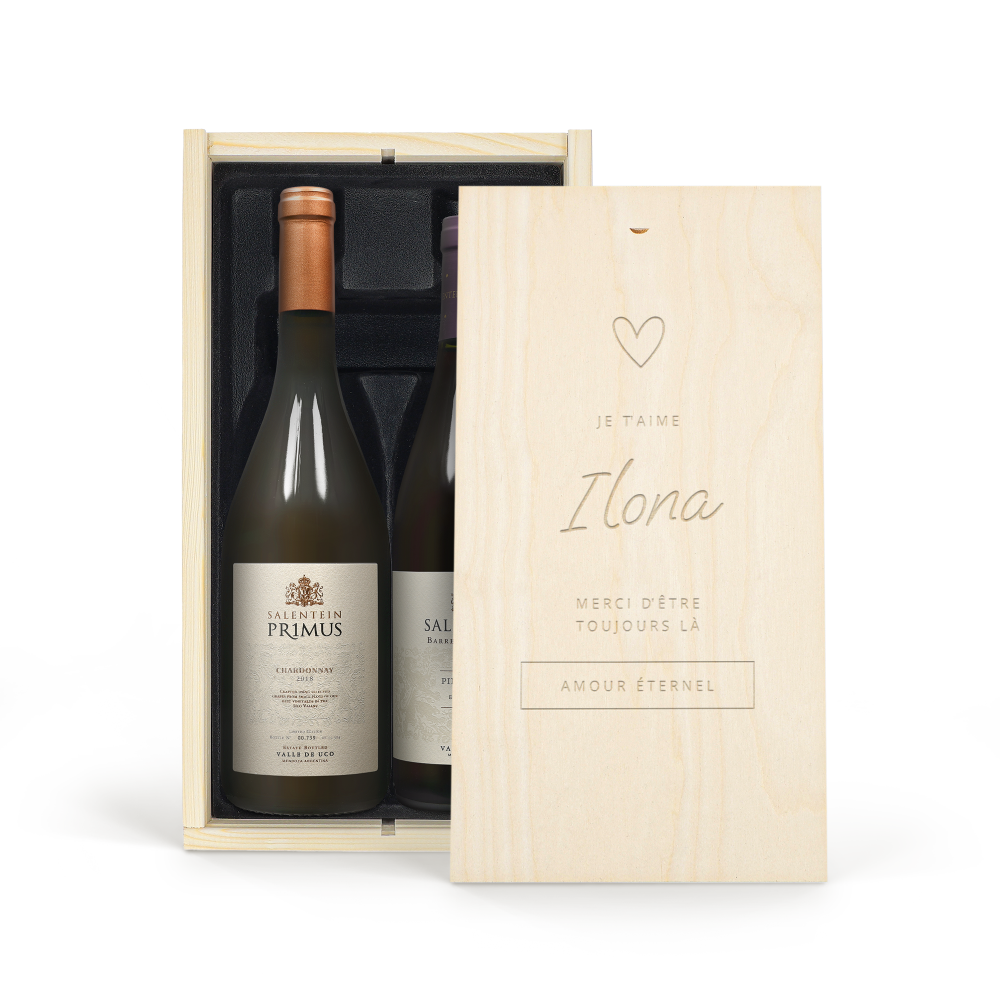 Coffret Salentein Pinot Noir et Chardonnay - Couvercle gravé